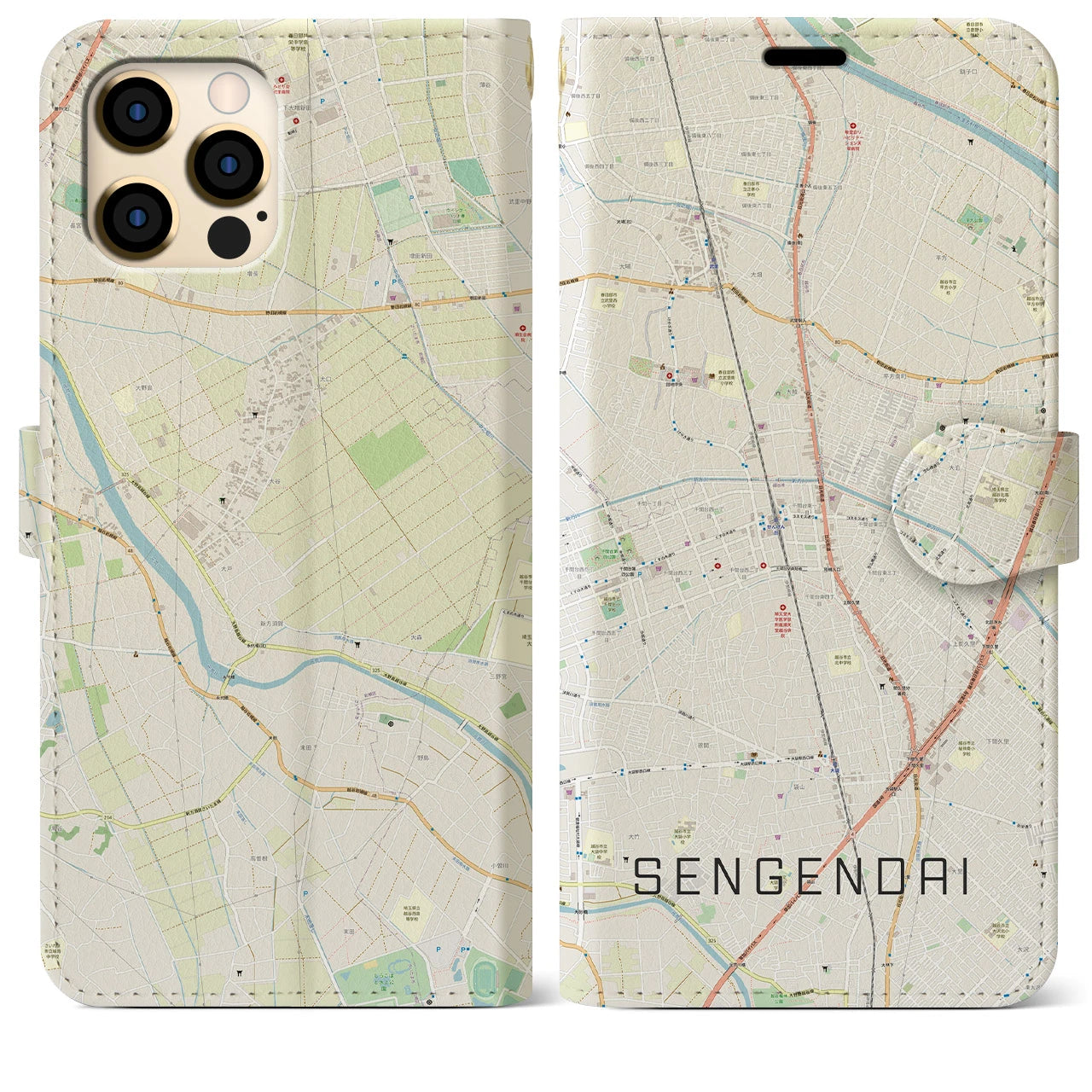 【せんげん台(埼玉県)】地図柄iPhoneケース(手帳タイプ)ナチュラル・iPhone 12 Pro Max 用