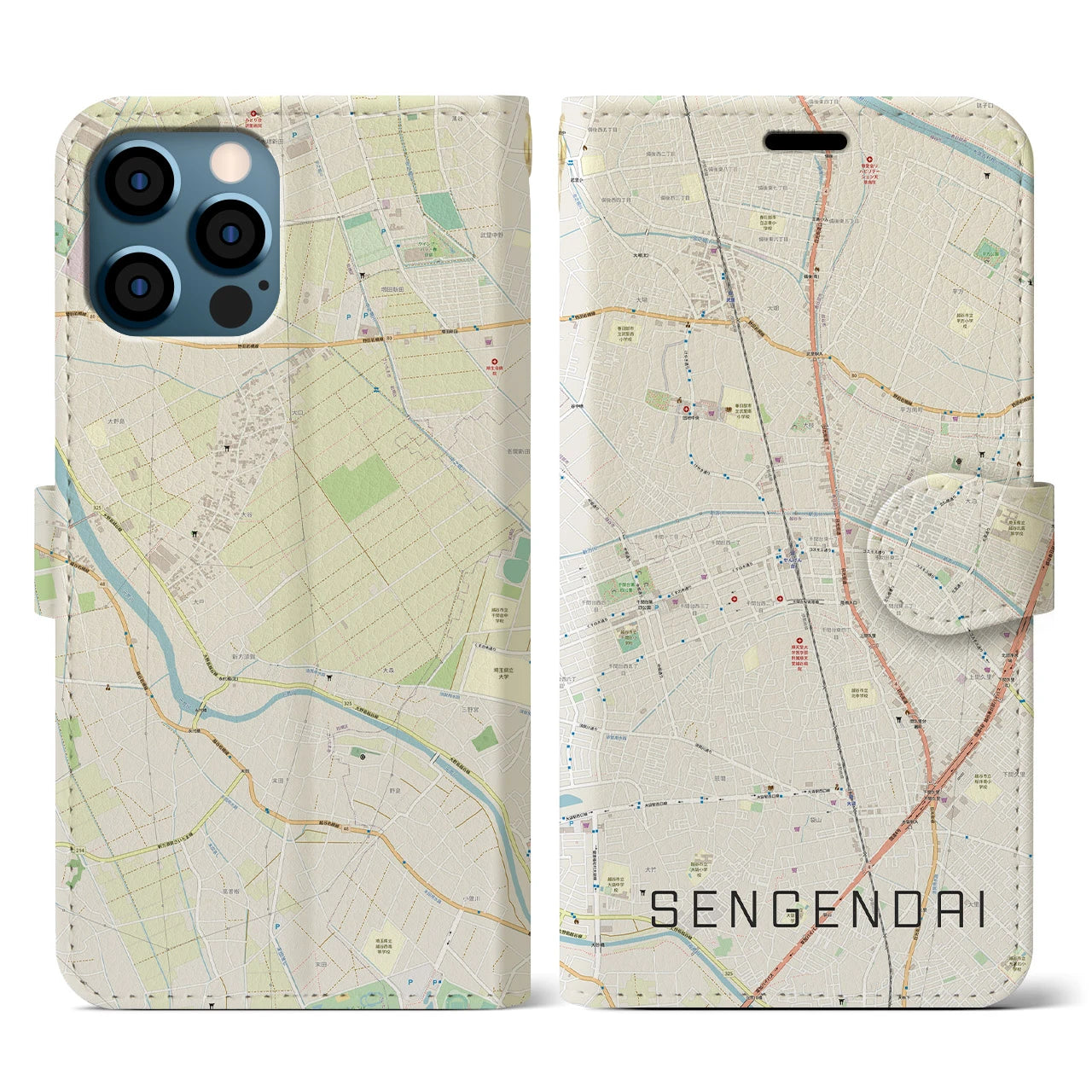 【せんげん台(埼玉県)】地図柄iPhoneケース(手帳タイプ)ナチュラル・iPhone 12 / 12 Pro 用