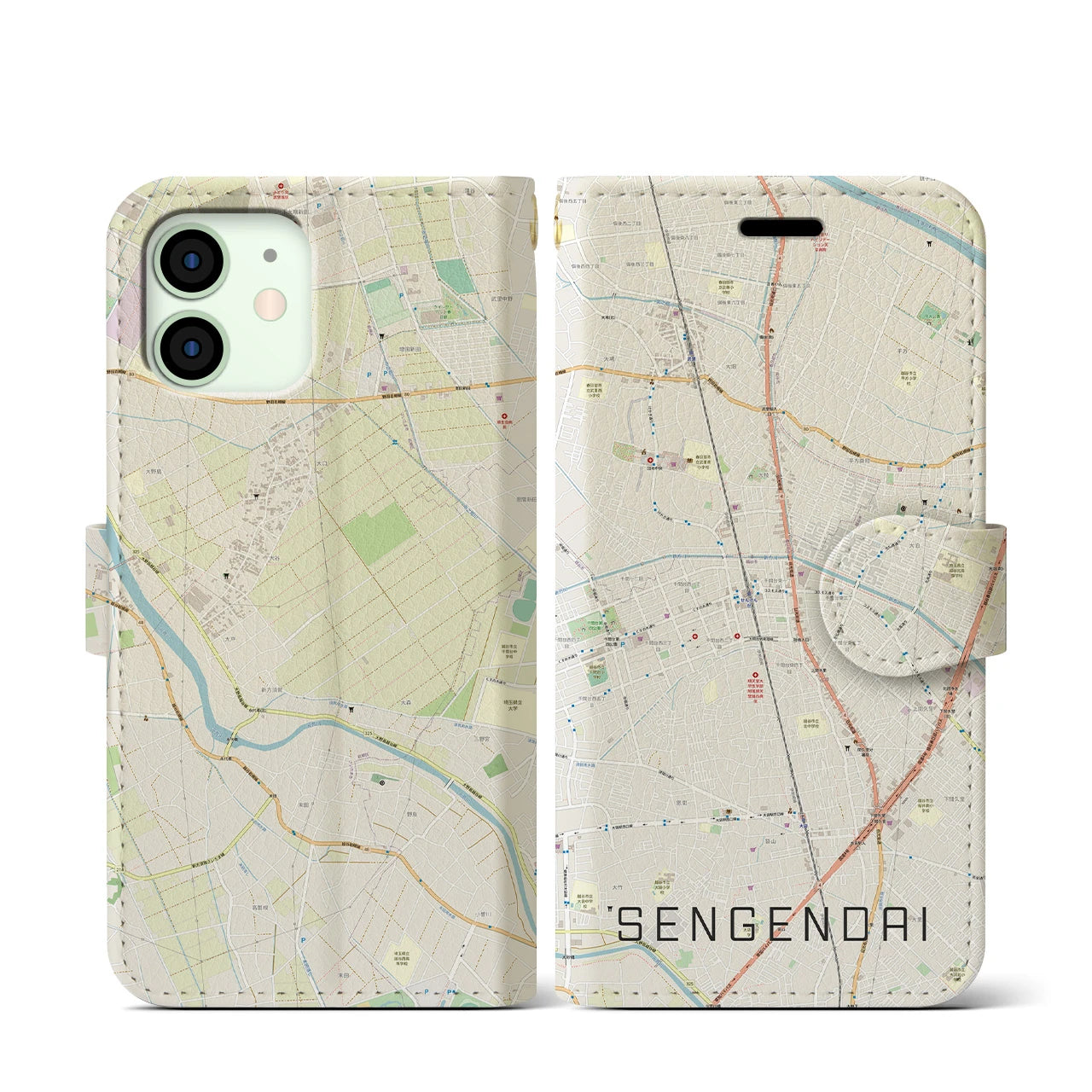 【せんげん台(埼玉県)】地図柄iPhoneケース(手帳タイプ)ナチュラル・iPhone 12 mini 用