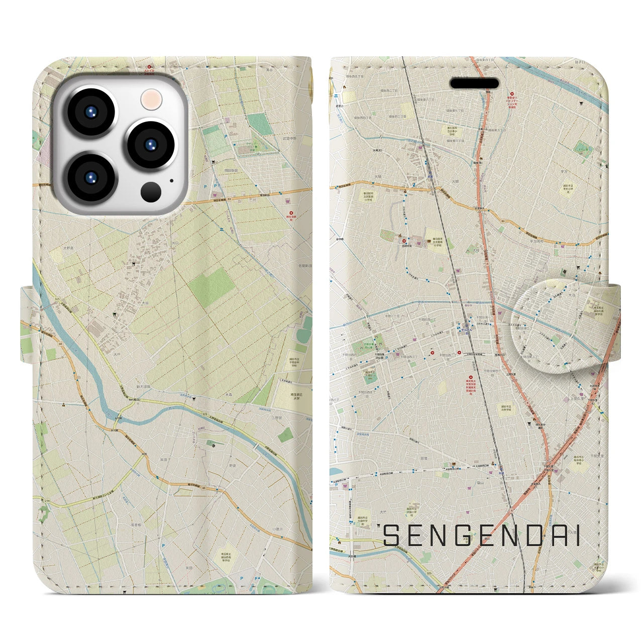 【せんげん台(埼玉県)】地図柄iPhoneケース(手帳タイプ)ナチュラル・iPhone 13 Pro 用
