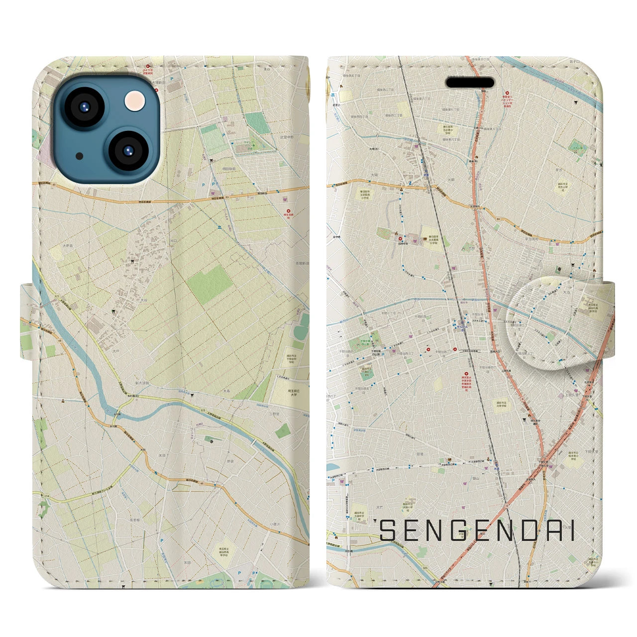 【せんげん台(埼玉県)】地図柄iPhoneケース(手帳タイプ)ナチュラル・iPhone 13 用