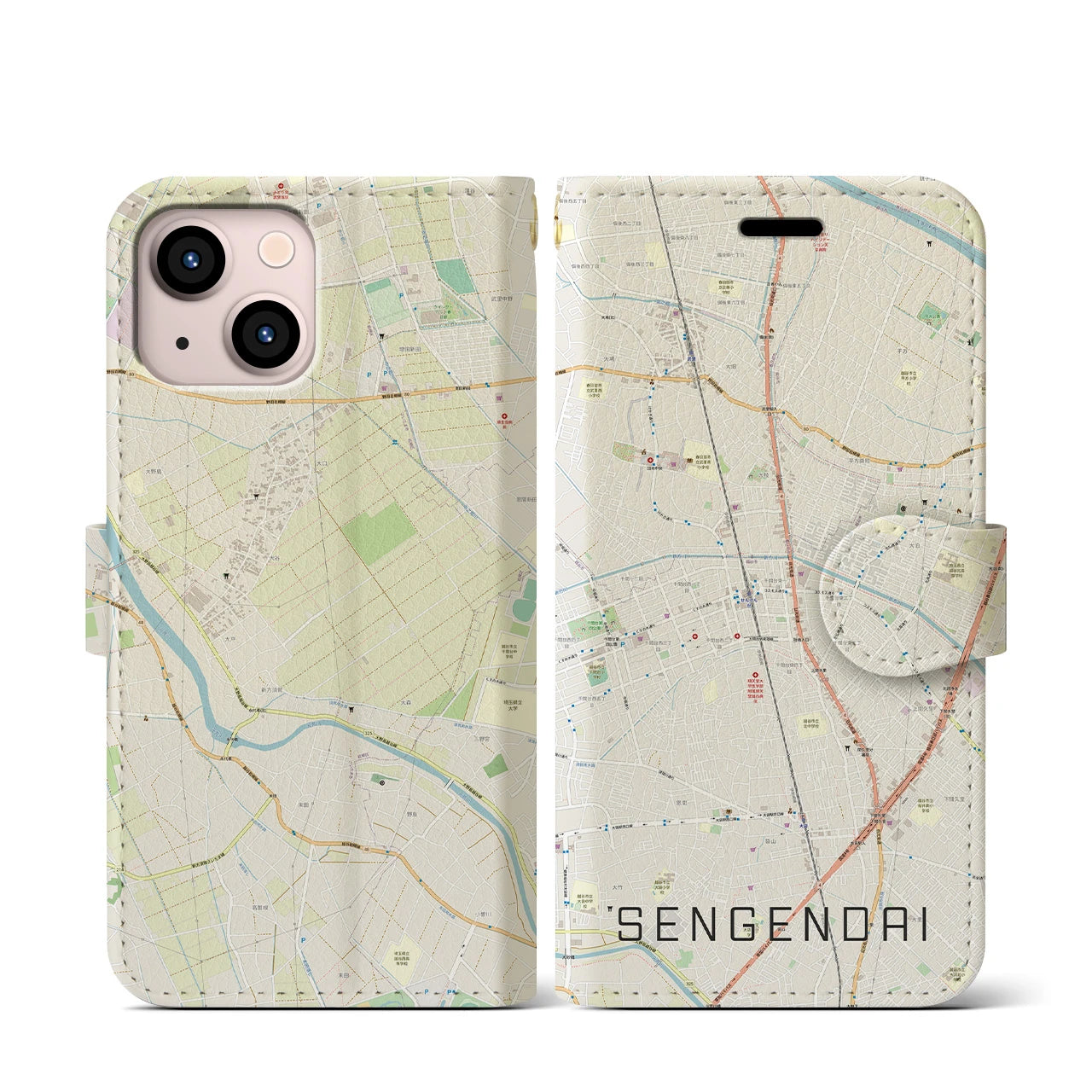 【せんげん台(埼玉県)】地図柄iPhoneケース(手帳タイプ)ナチュラル・iPhone 13 mini 用