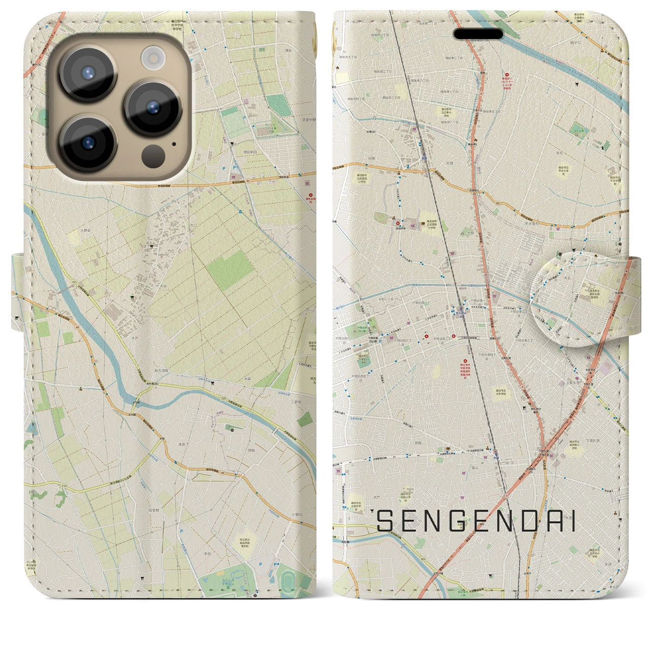 【せんげん台(埼玉県)】地図柄iPhoneケース(手帳タイプ)ナチュラル・iPhone 14 Pro Max 用