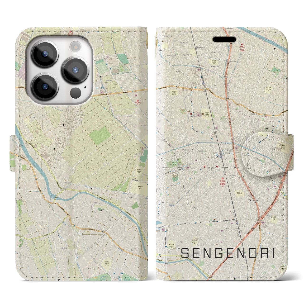 【せんげん台(埼玉県)】地図柄iPhoneケース(手帳タイプ)ナチュラル・iPhone 14 Pro 用