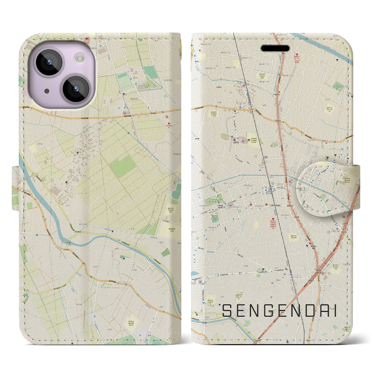 【せんげん台(埼玉県)】地図柄iPhoneケース(手帳タイプ)ナチュラル・iPhone 14 用