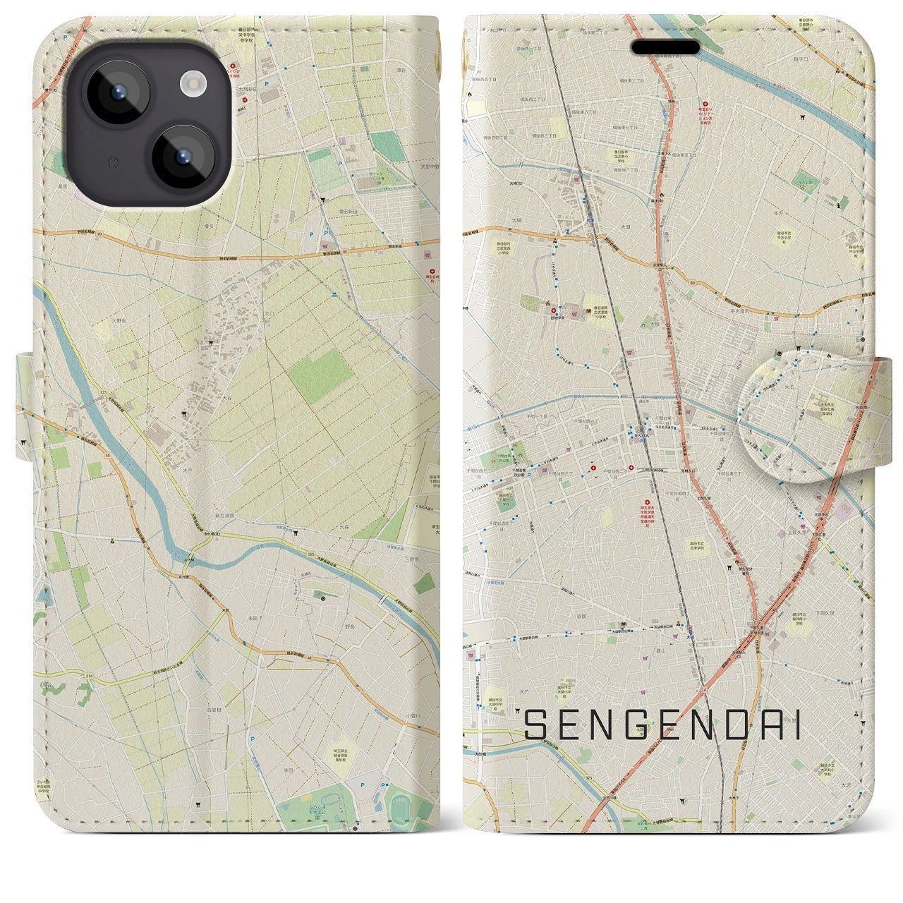 【せんげん台(埼玉県)】地図柄iPhoneケース(手帳タイプ)ナチュラル・iPhone 14 Plus 用