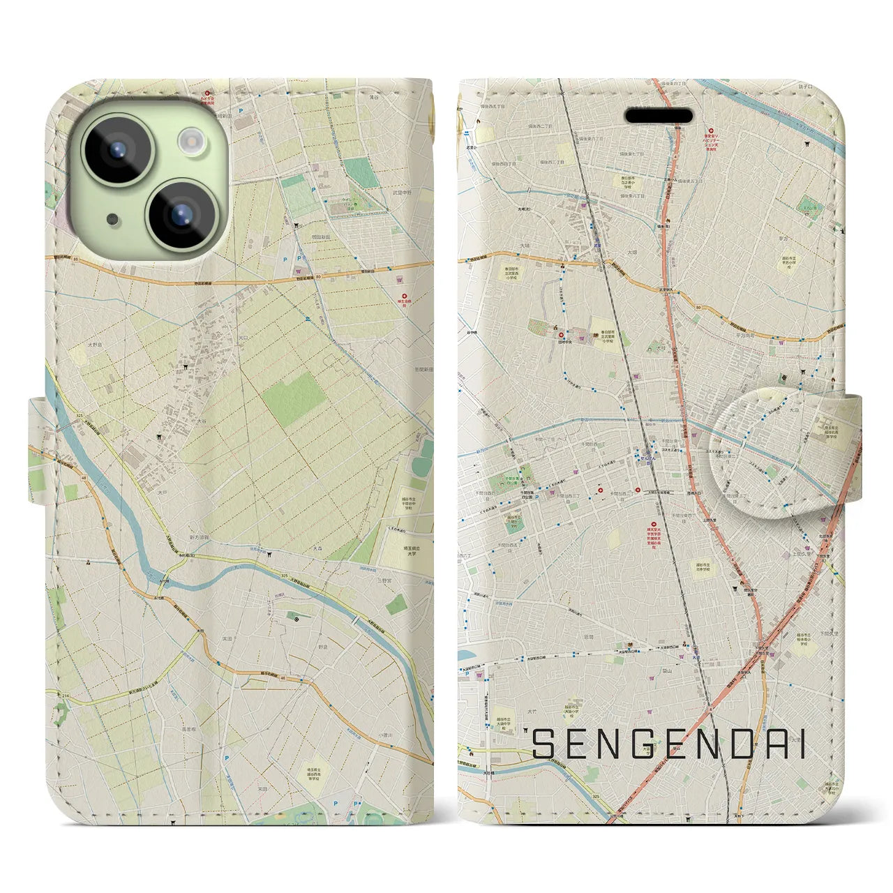 【せんげん台(埼玉県)】地図柄iPhoneケース(手帳タイプ)ナチュラル・iPhone 15 用