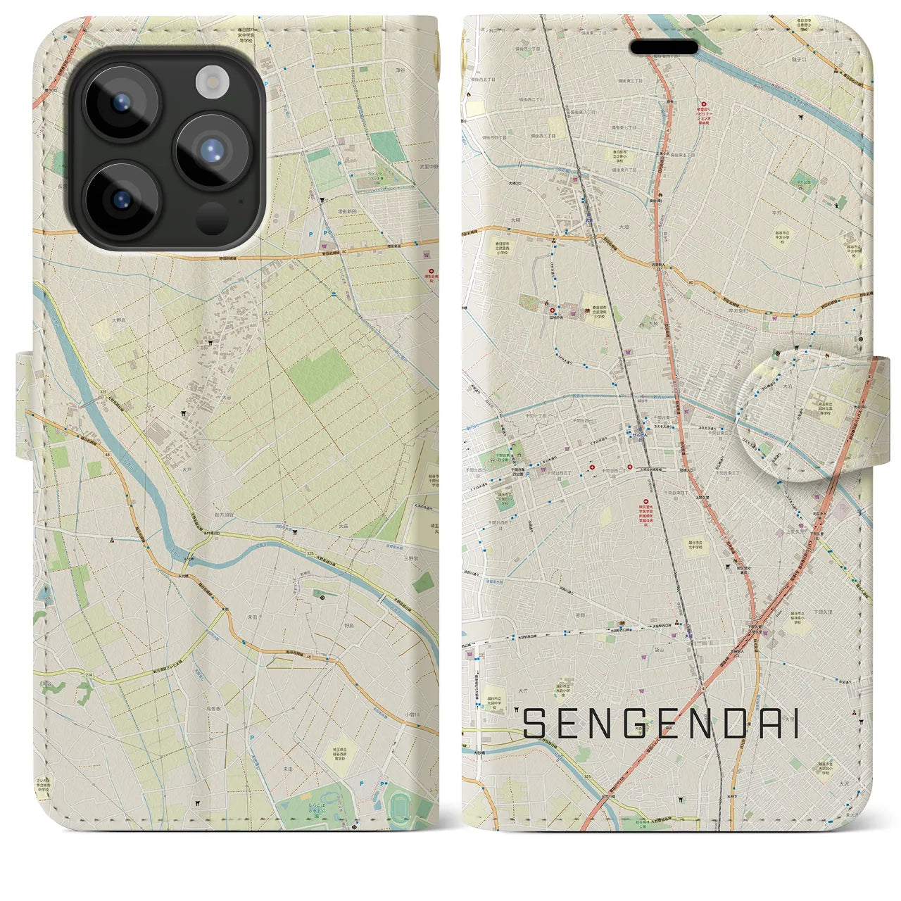 【せんげん台(埼玉県)】地図柄iPhoneケース(手帳タイプ)ナチュラル・iPhone 15 Pro Max 用