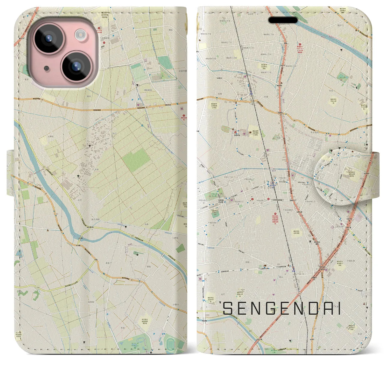 【せんげん台(埼玉県)】地図柄iPhoneケース(手帳タイプ)ナチュラル・iPhone 15 Plus 用