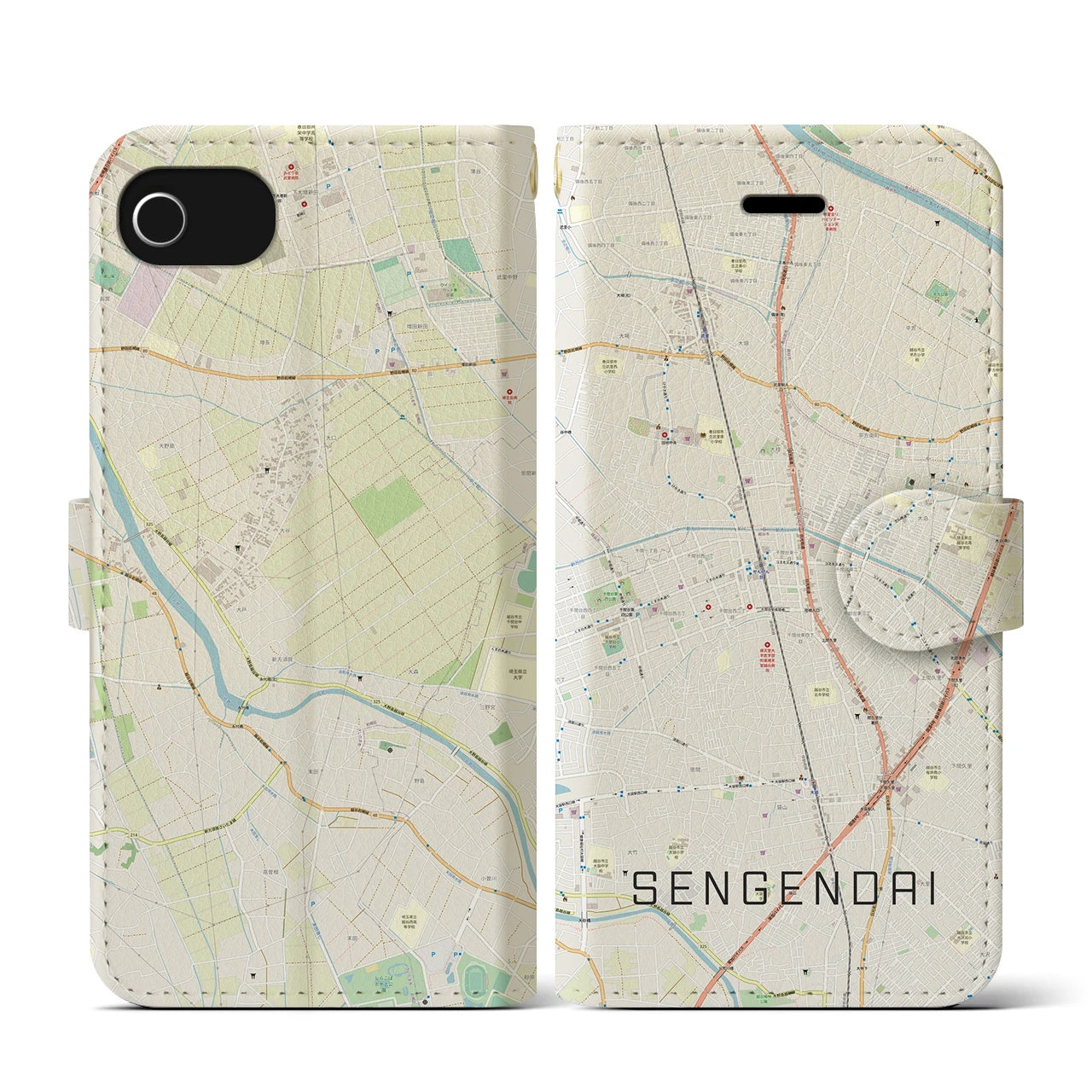【せんげん台(埼玉県)】地図柄iPhoneケース(手帳タイプ)ナチュラル・iPhone SE(第3 / 第2世代) / 8 / 7 / 6s / 6 用