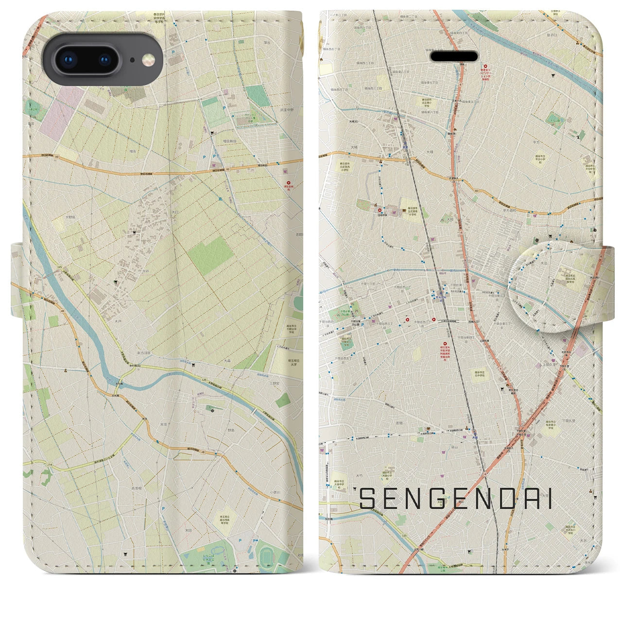 【せんげん台(埼玉県)】地図柄iPhoneケース(手帳タイプ)ナチュラル・iPhone 8Plus /7Plus / 6sPlus / 6Plus 用