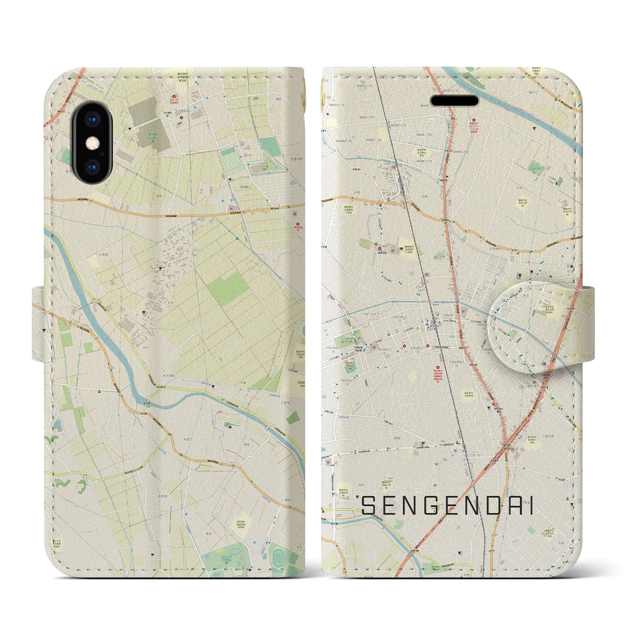 【せんげん台(埼玉県)】地図柄iPhoneケース(手帳タイプ)ナチュラル・iPhone XS / X 用