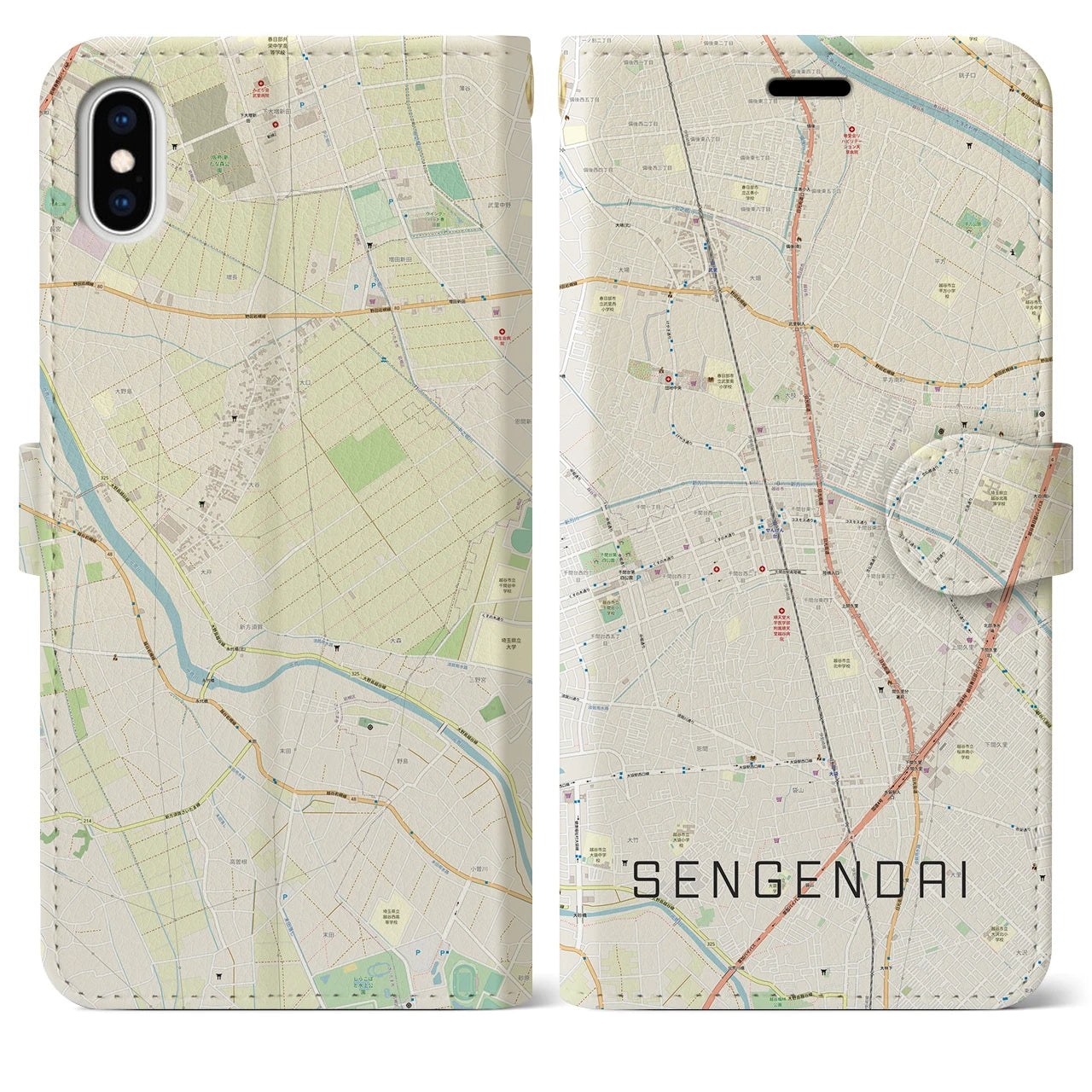【せんげん台(埼玉県)】地図柄iPhoneケース(手帳タイプ)ナチュラル・iPhone XS Max 用