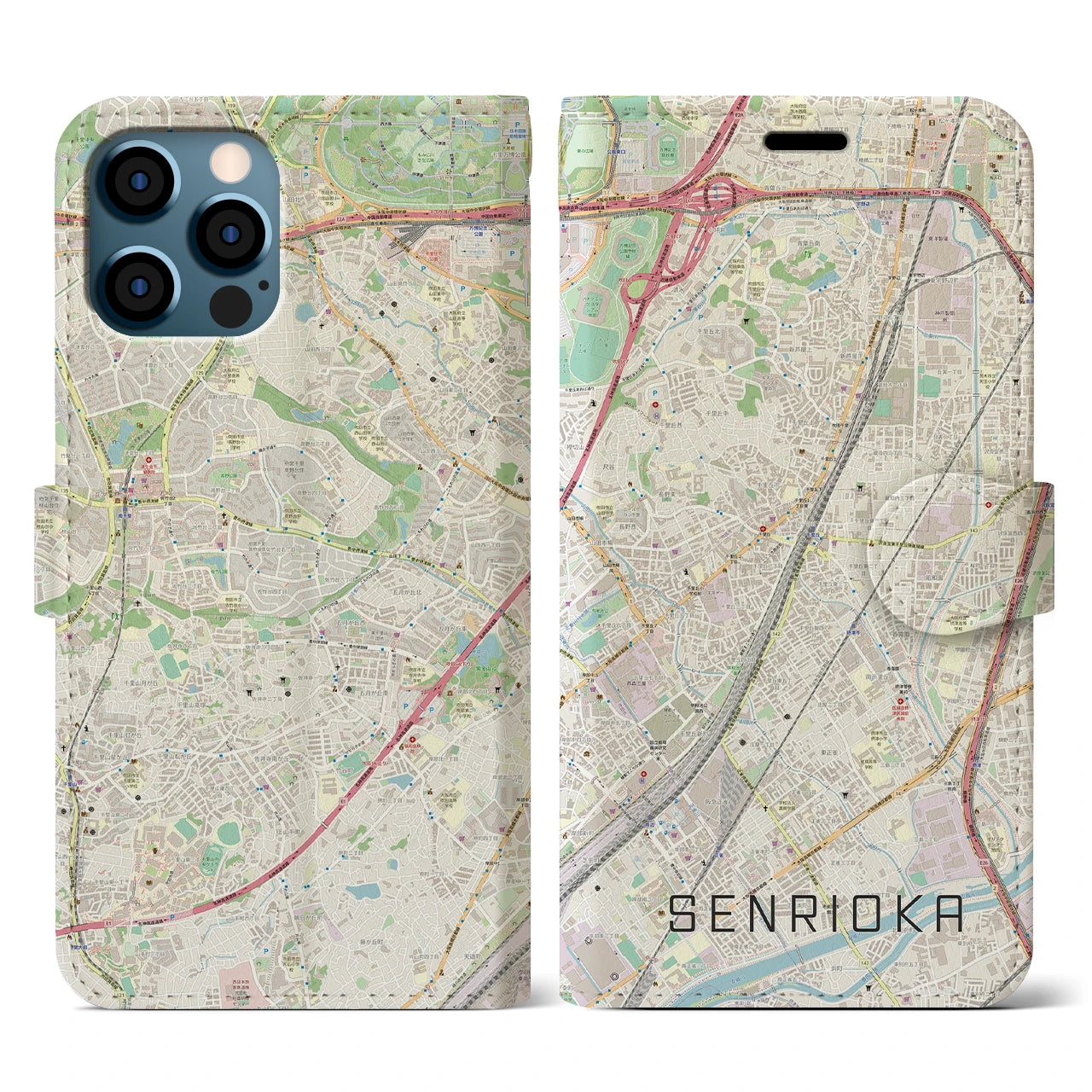 【千里丘(大阪府)】地図柄iPhoneケース(手帳タイプ)ナチュラル・iPhone 12 / 12 Pro 用