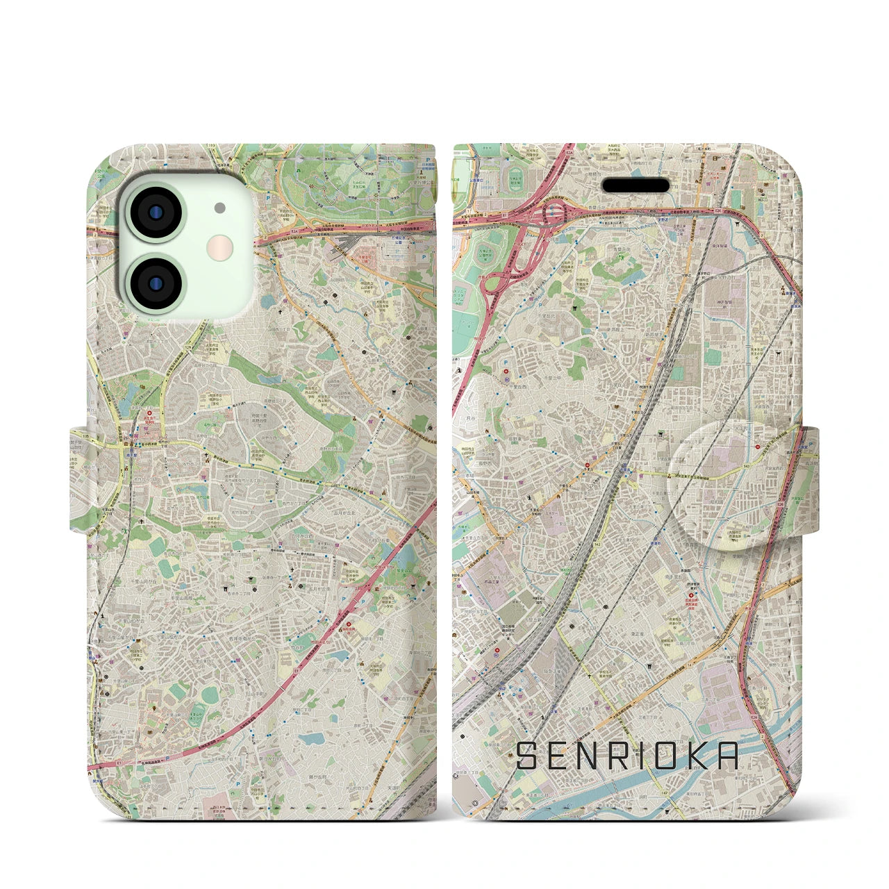 【千里丘(大阪府)】地図柄iPhoneケース(手帳タイプ)ナチュラル・iPhone 12 mini 用