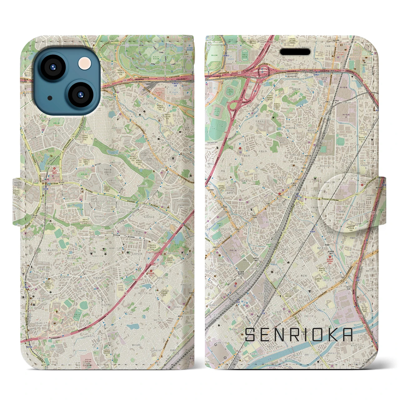【千里丘(大阪府)】地図柄iPhoneケース(手帳タイプ)ナチュラル・iPhone 13 用