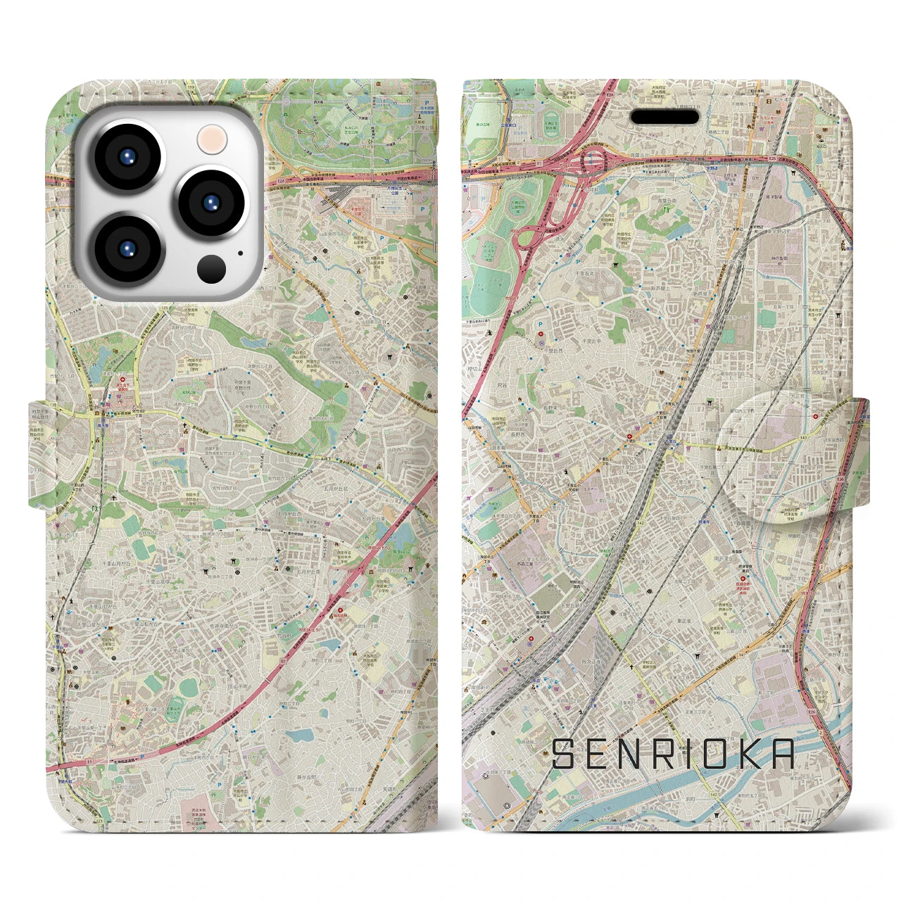 【千里丘(大阪府)】地図柄iPhoneケース(手帳タイプ)ナチュラル・iPhone 13 Pro 用