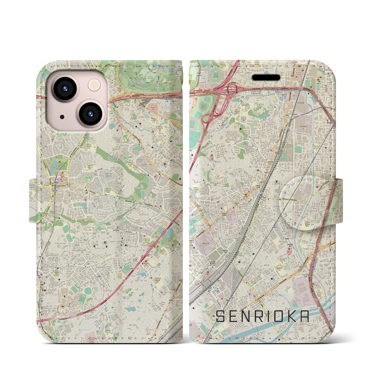 【千里丘(大阪府)】地図柄iPhoneケース(手帳タイプ)ナチュラル・iPhone 13 mini 用