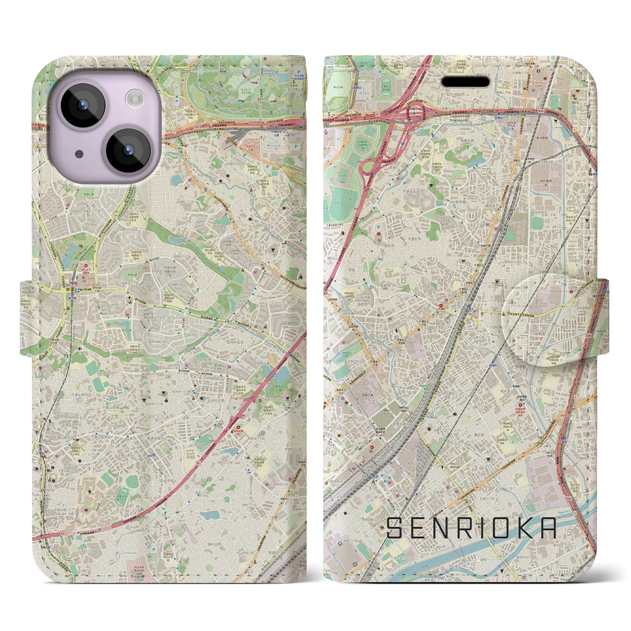 【千里丘(大阪府)】地図柄iPhoneケース(手帳タイプ)ナチュラル・iPhone 14 用