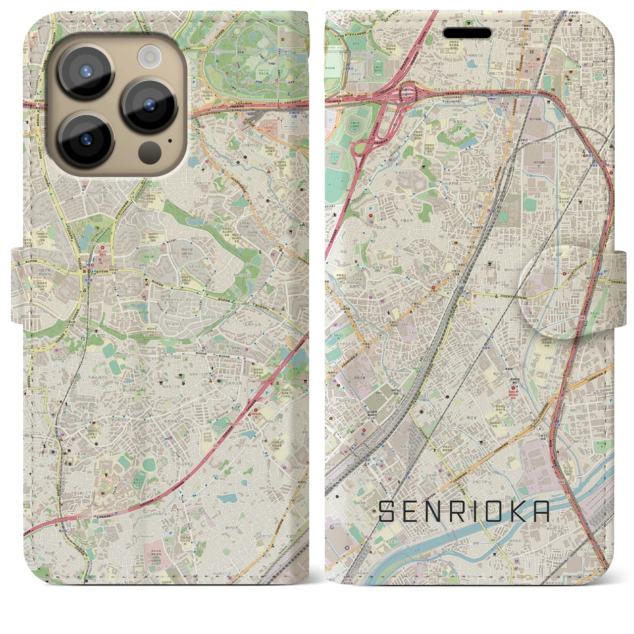 【千里丘(大阪府)】地図柄iPhoneケース(手帳タイプ)ナチュラル・iPhone 14 Pro Max 用