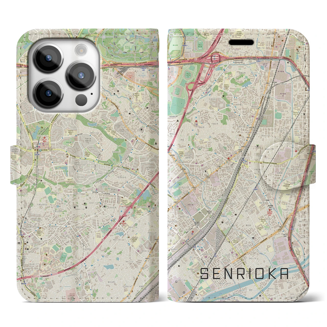 【千里丘(大阪府)】地図柄iPhoneケース(手帳タイプ)ナチュラル・iPhone 14 Pro 用