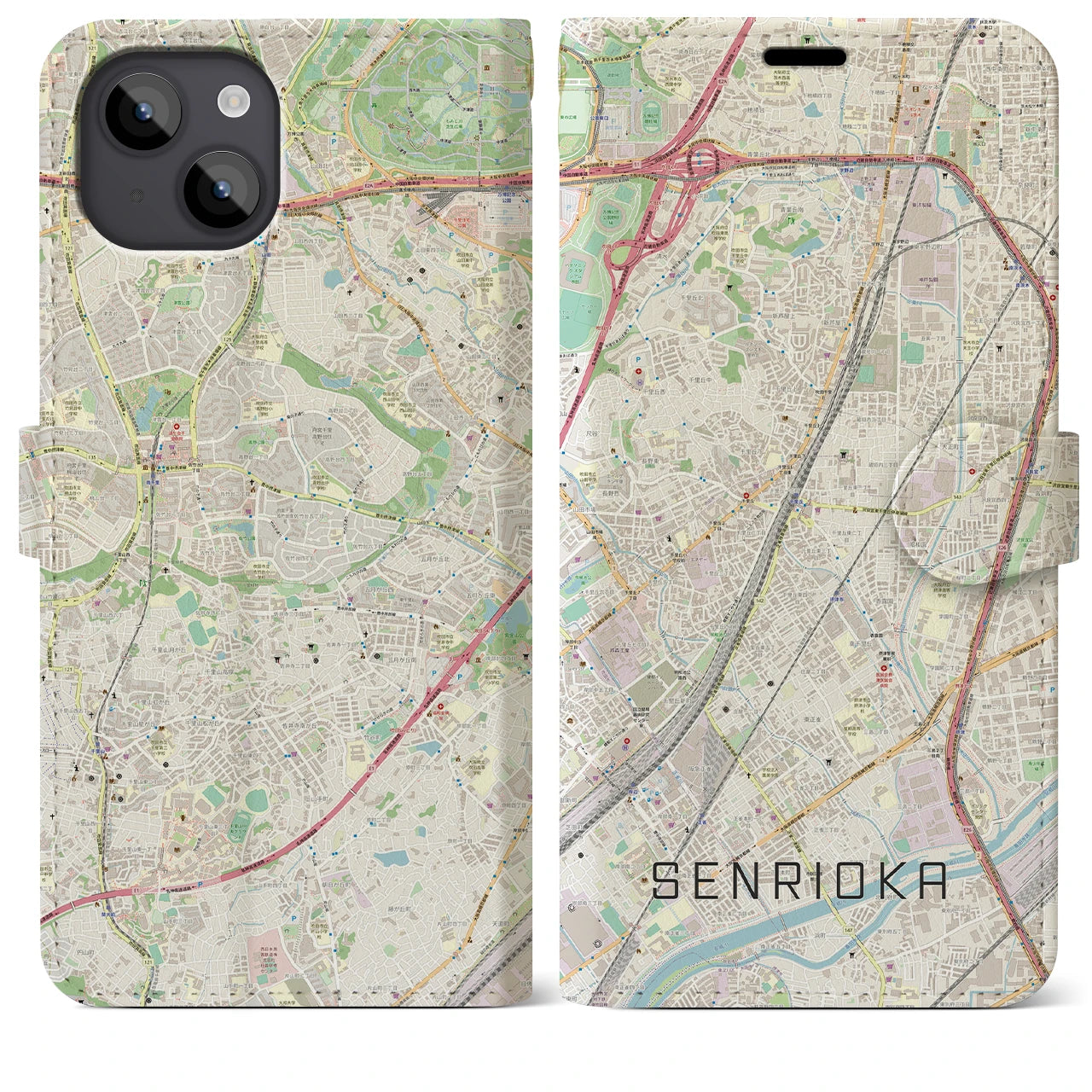 【千里丘(大阪府)】地図柄iPhoneケース(手帳タイプ)ナチュラル・iPhone 14 Plus 用