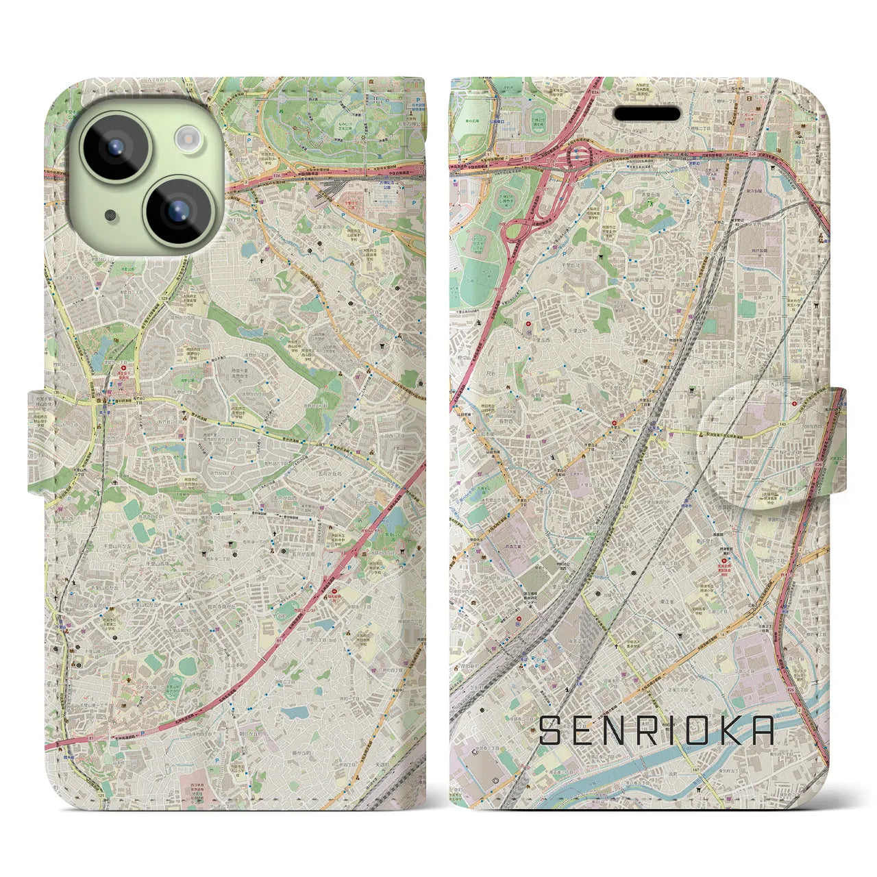 【千里丘(大阪府)】地図柄iPhoneケース(手帳タイプ)ナチュラル・iPhone 15 用