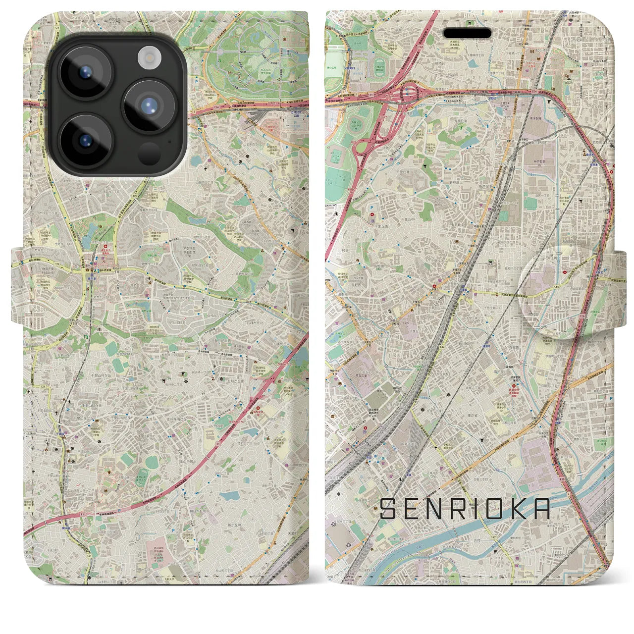 【千里丘(大阪府)】地図柄iPhoneケース(手帳タイプ)ナチュラル・iPhone 15 Pro Max 用
