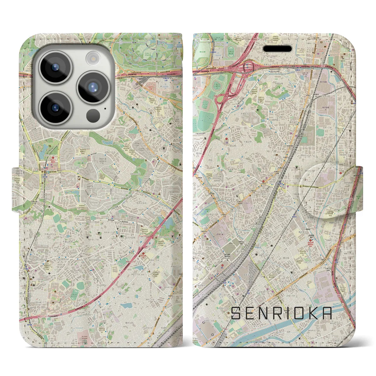 【千里丘(大阪府)】地図柄iPhoneケース(手帳タイプ)ナチュラル・iPhone 15 Pro 用