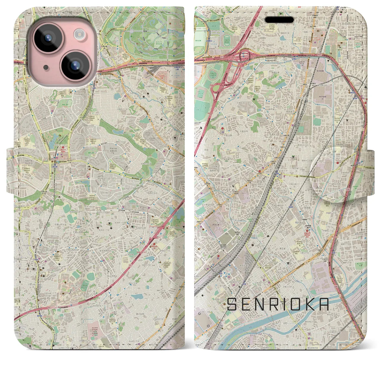 【千里丘(大阪府)】地図柄iPhoneケース(手帳タイプ)ナチュラル・iPhone 15 Plus 用
