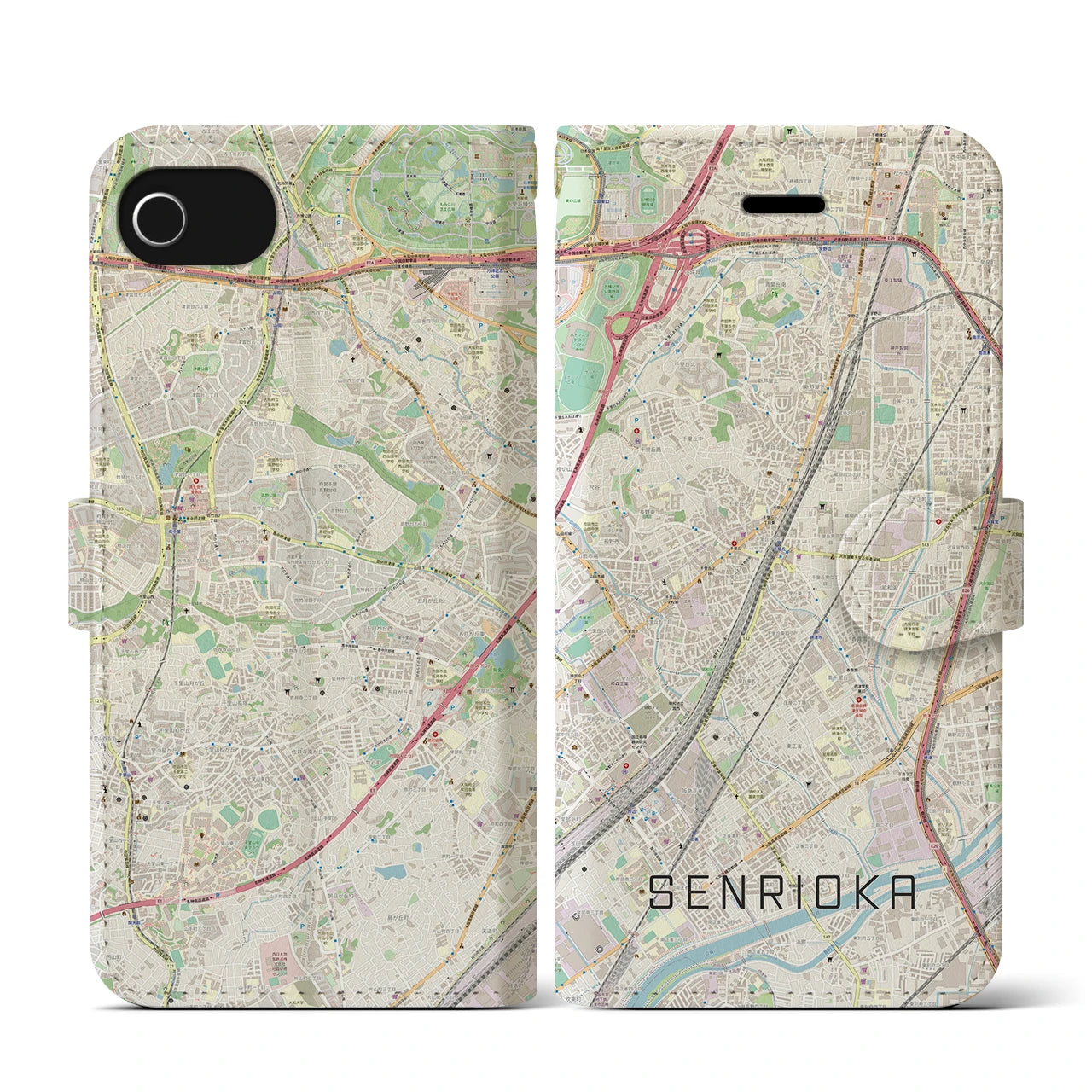 【千里丘(大阪府)】地図柄iPhoneケース(手帳タイプ)ナチュラル・iPhone SE(第3 / 第2世代) / 8 / 7 / 6s / 6 用