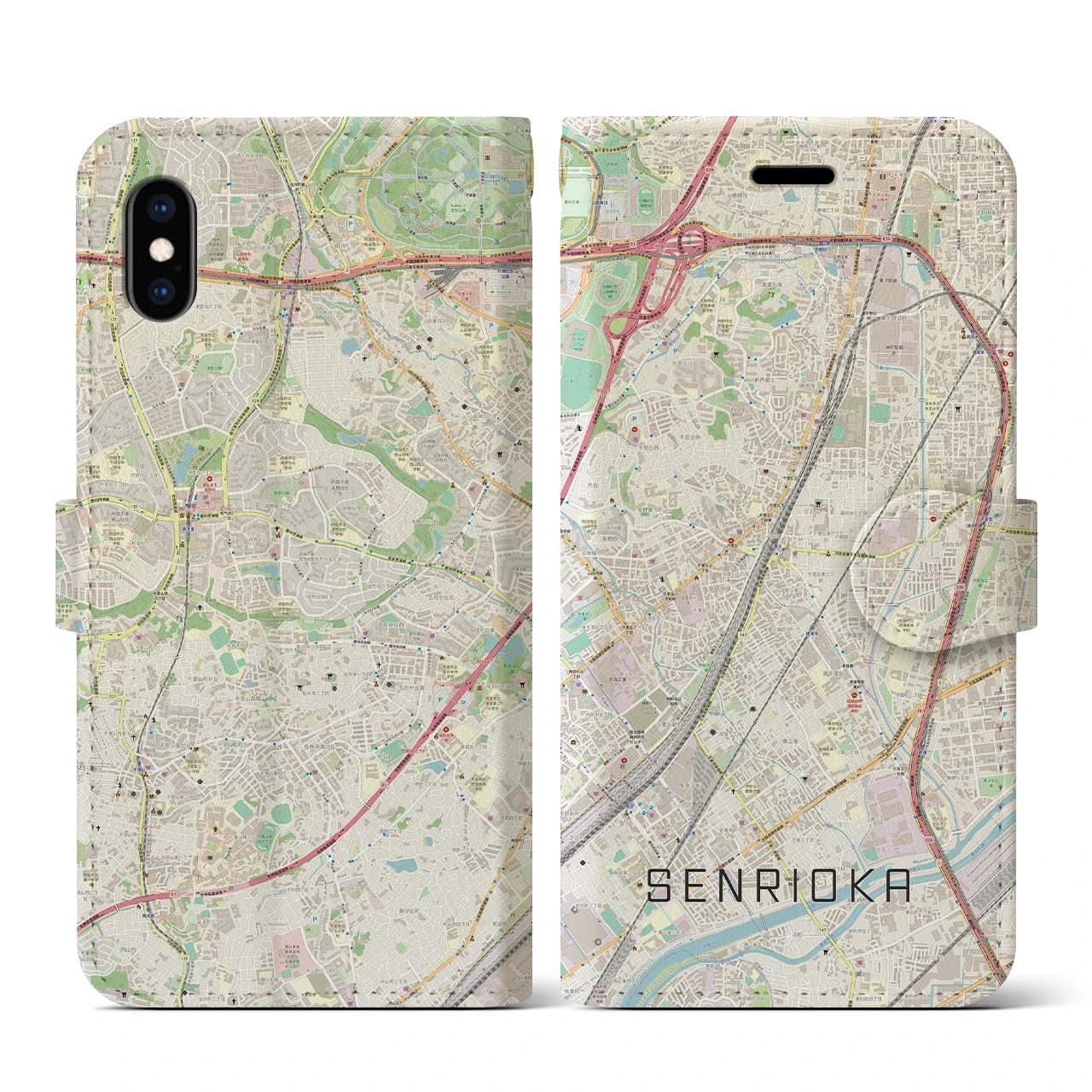 【千里丘(大阪府)】地図柄iPhoneケース(手帳タイプ)ナチュラル・iPhone XS / X 用