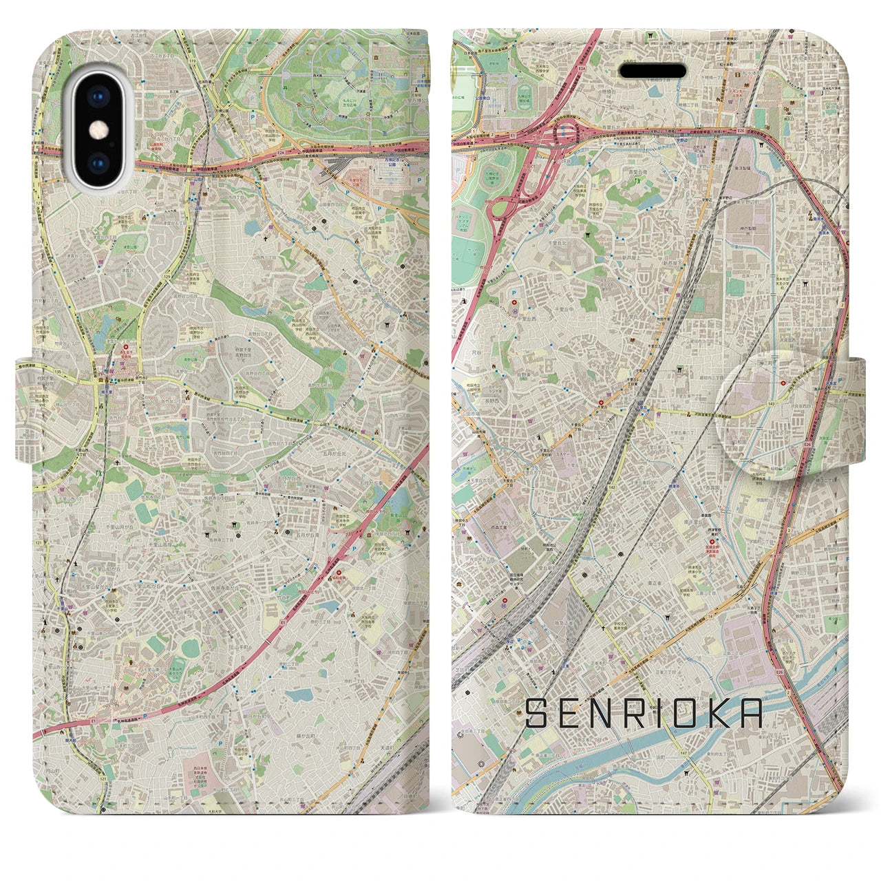 【千里丘(大阪府)】地図柄iPhoneケース(手帳タイプ)ナチュラル・iPhone XS Max 用