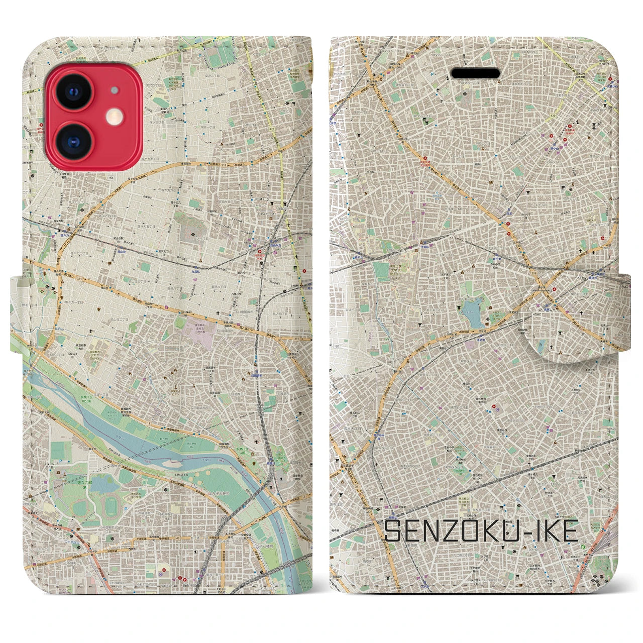 【洗足池(東京都)】地図柄iPhoneケース(手帳タイプ)ナチュラル・iPhone 11 用
