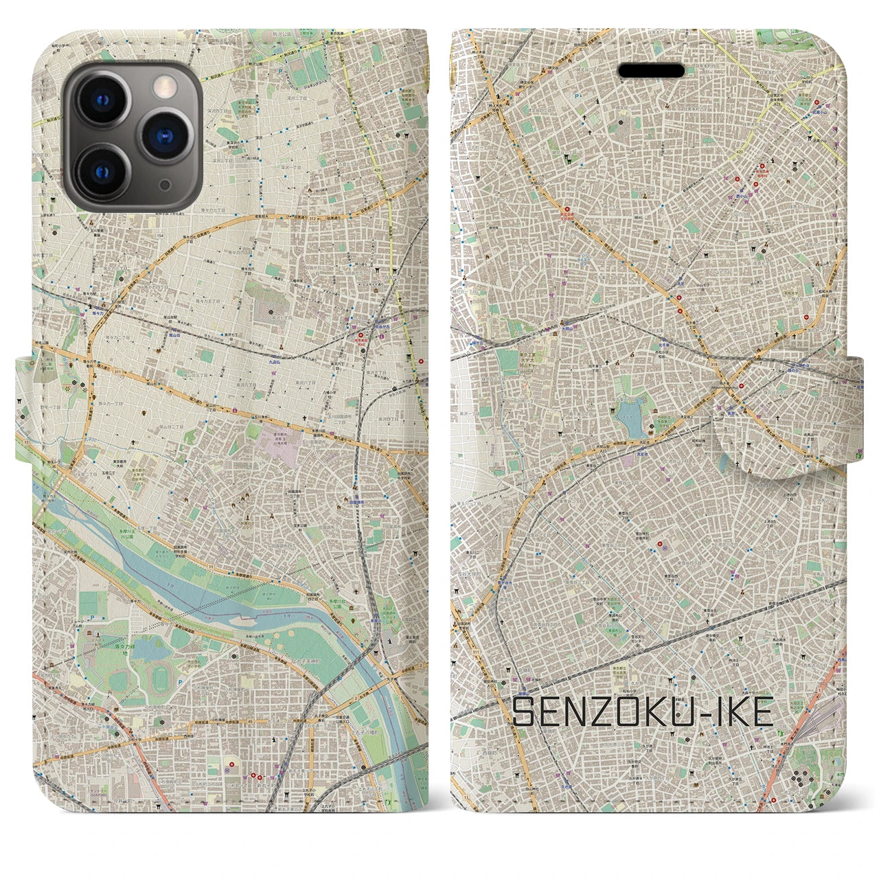 【洗足池(東京都)】地図柄iPhoneケース(手帳タイプ)ナチュラル・iPhone 11 Pro Max 用