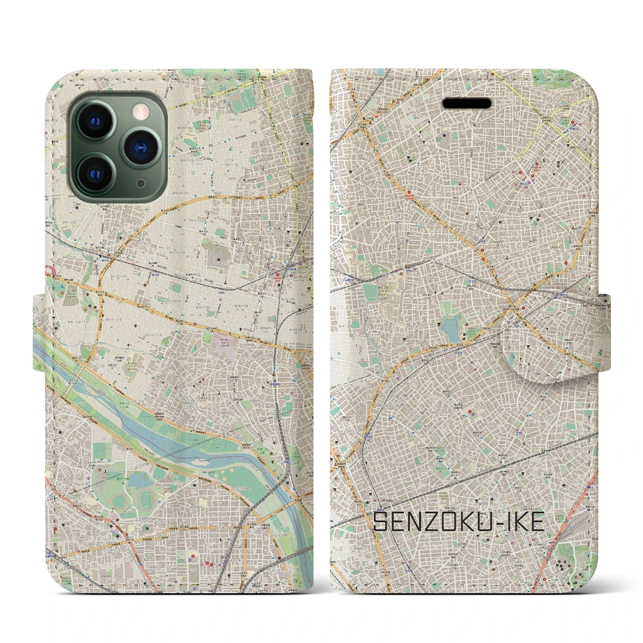 【洗足池(東京都)】地図柄iPhoneケース(手帳タイプ)ナチュラル・iPhone 11 Pro 用