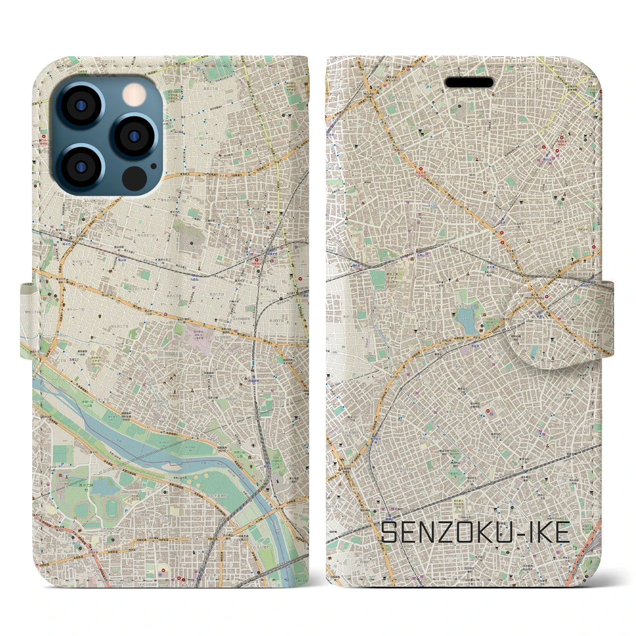 【洗足池(東京都)】地図柄iPhoneケース(手帳タイプ)ナチュラル・iPhone 12 / 12 Pro 用
