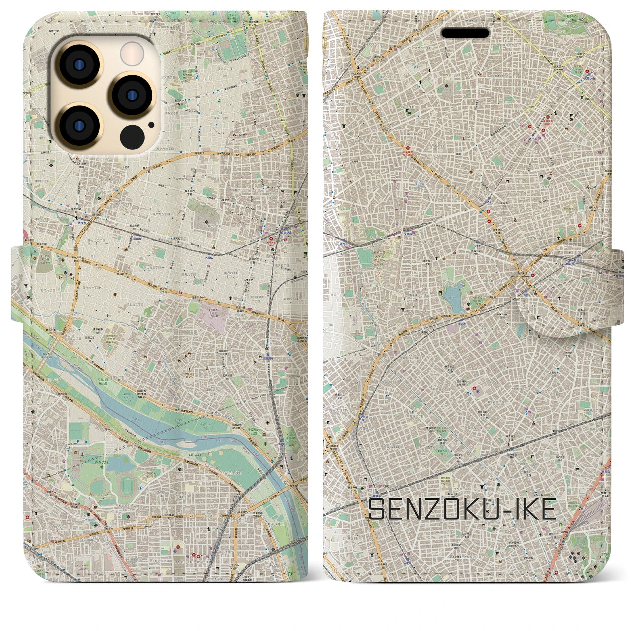 【洗足池(東京都)】地図柄iPhoneケース(手帳タイプ)ナチュラル・iPhone 12 Pro Max 用