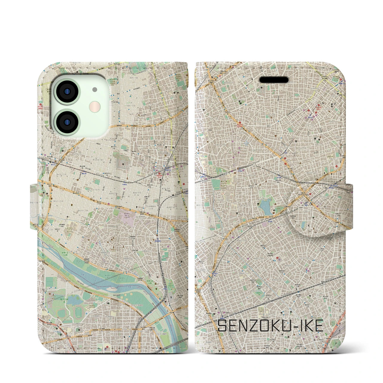 【洗足池(東京都)】地図柄iPhoneケース(手帳タイプ)ナチュラル・iPhone 12 mini 用