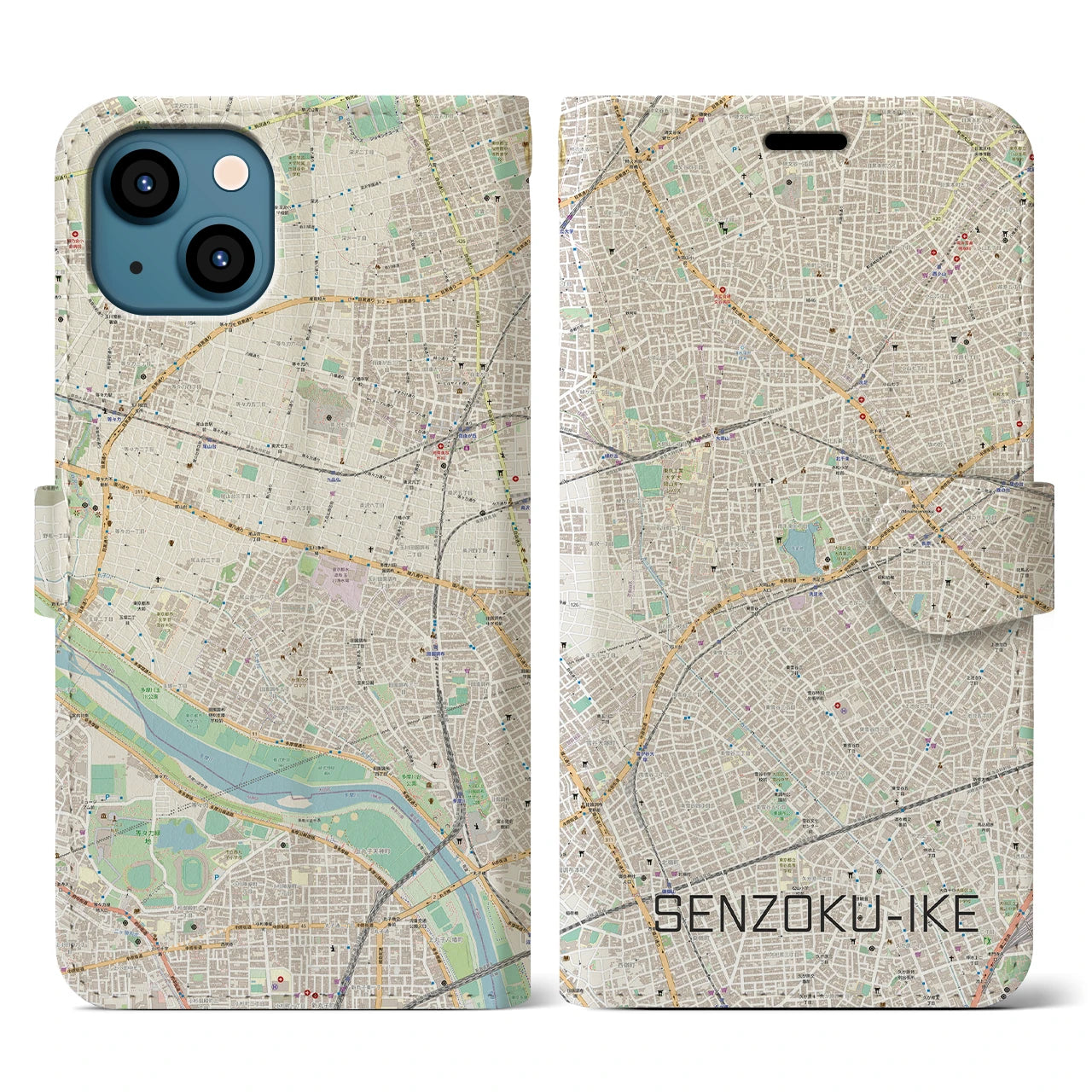【洗足池(東京都)】地図柄iPhoneケース(手帳タイプ)ナチュラル・iPhone 13 用