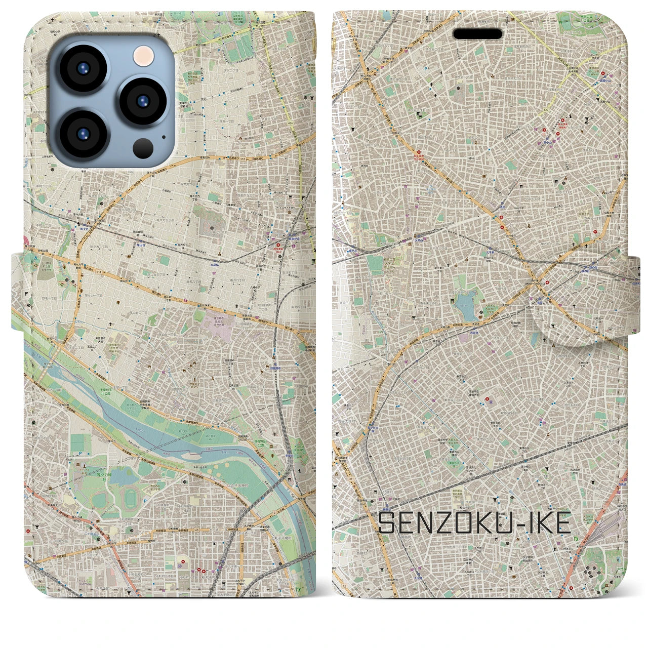 【洗足池(東京都)】地図柄iPhoneケース(手帳タイプ)ナチュラル・iPhone 13 Pro Max 用