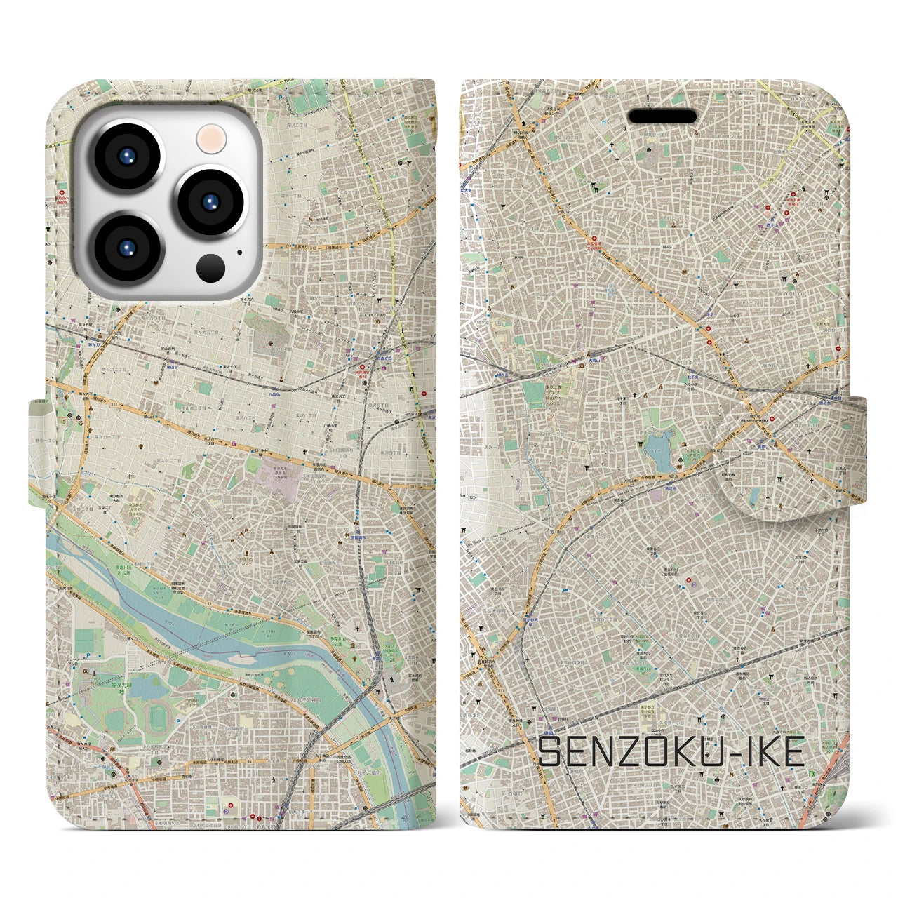 【洗足池(東京都)】地図柄iPhoneケース(手帳タイプ)ナチュラル・iPhone 13 Pro 用