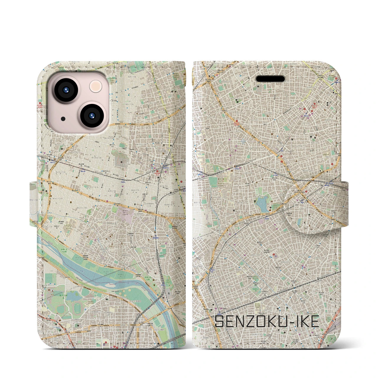 【洗足池(東京都)】地図柄iPhoneケース(手帳タイプ)ナチュラル・iPhone 13 mini 用