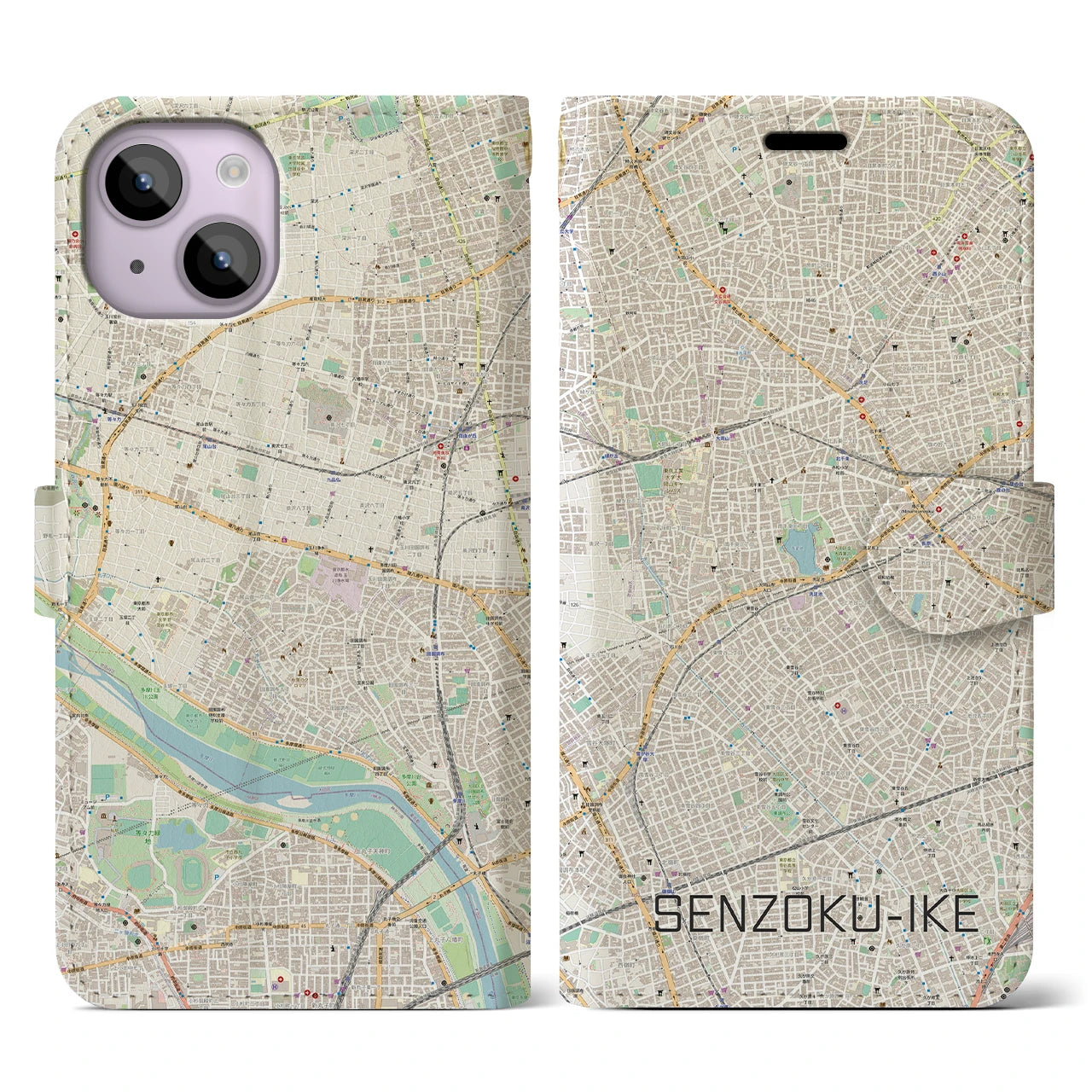 【洗足池(東京都)】地図柄iPhoneケース(手帳タイプ)ナチュラル・iPhone 14 用
