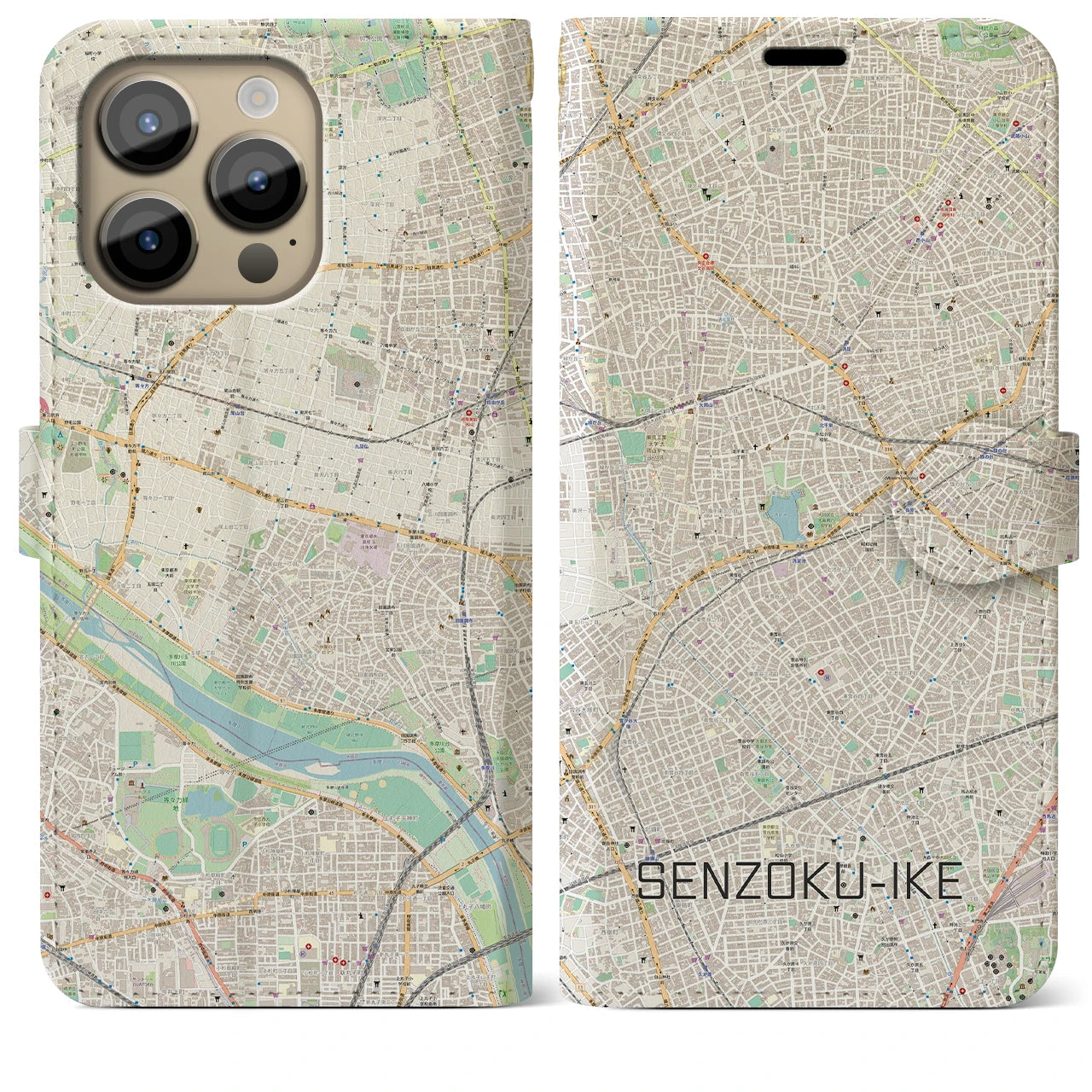 【洗足池(東京都)】地図柄iPhoneケース(手帳タイプ)ナチュラル・iPhone 14 Pro Max 用