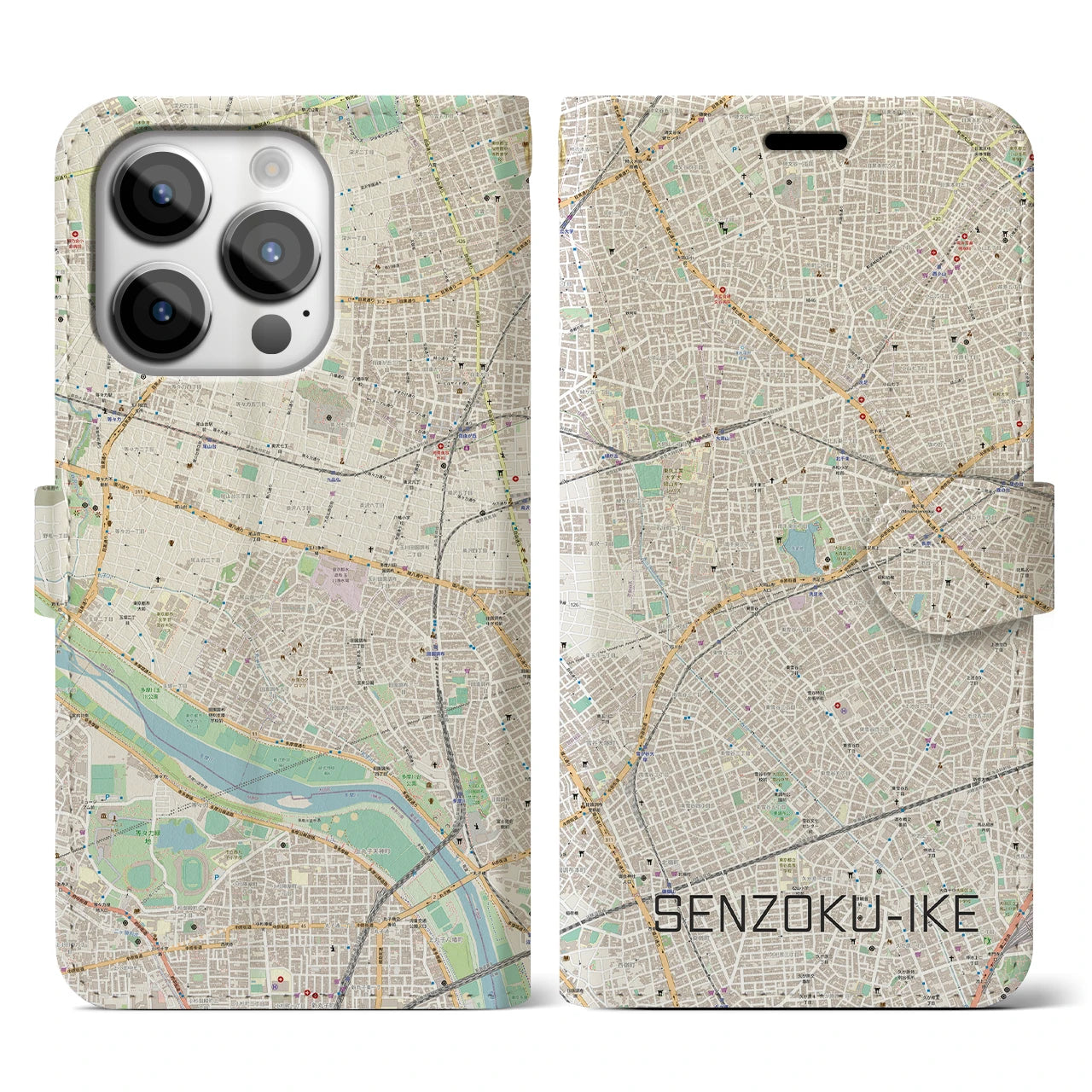 【洗足池(東京都)】地図柄iPhoneケース(手帳タイプ)ナチュラル・iPhone 14 Pro 用