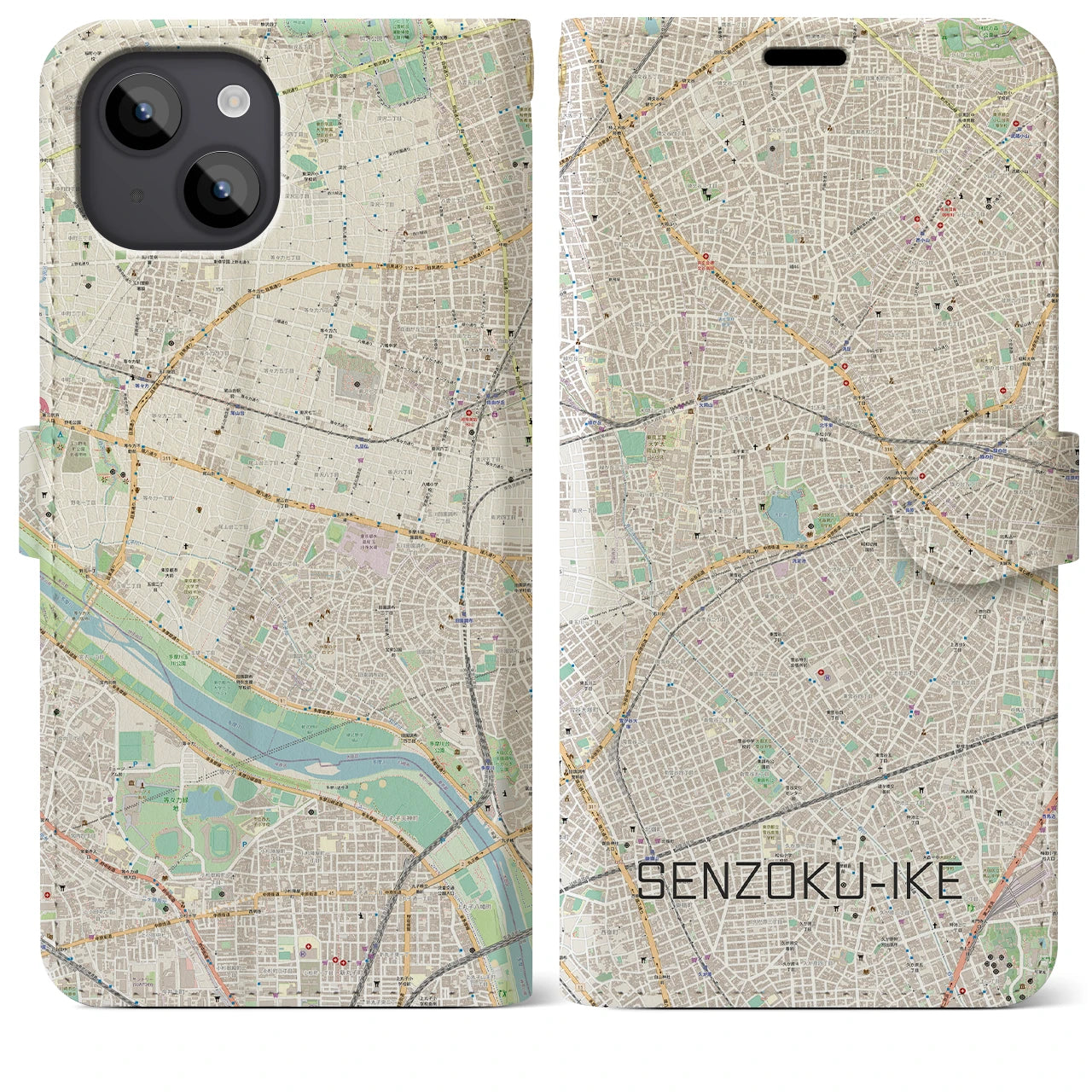 【洗足池(東京都)】地図柄iPhoneケース(手帳タイプ)ナチュラル・iPhone 14 Plus 用