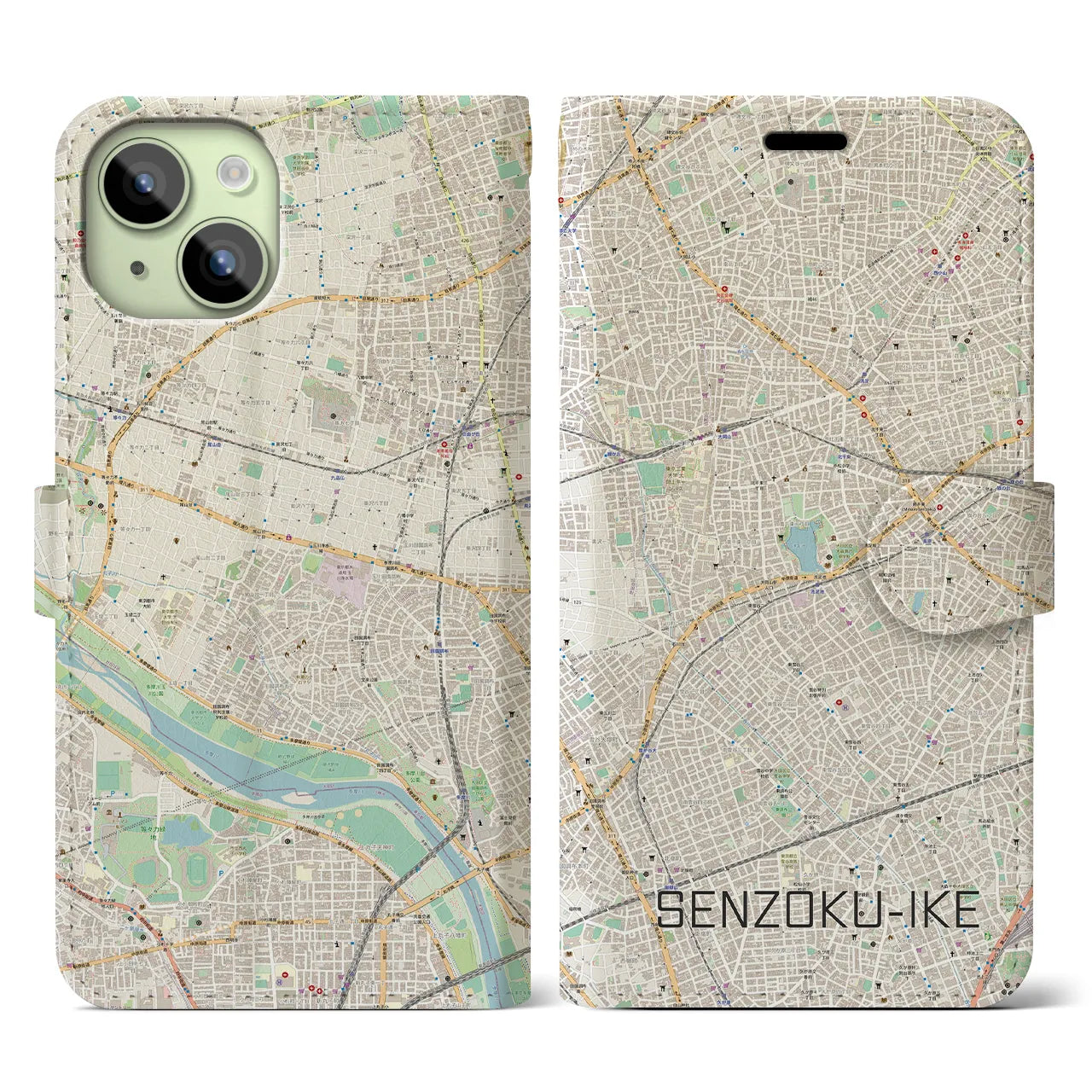 【洗足池(東京都)】地図柄iPhoneケース(手帳タイプ)ナチュラル・iPhone 15 用