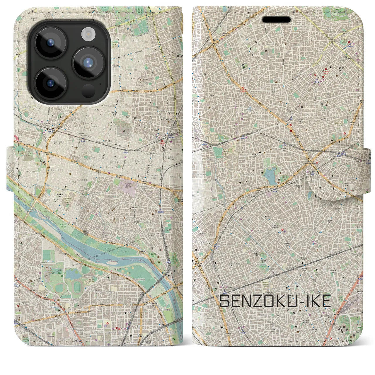 【洗足池(東京都)】地図柄iPhoneケース(手帳タイプ)ナチュラル・iPhone 15 Pro Max 用
