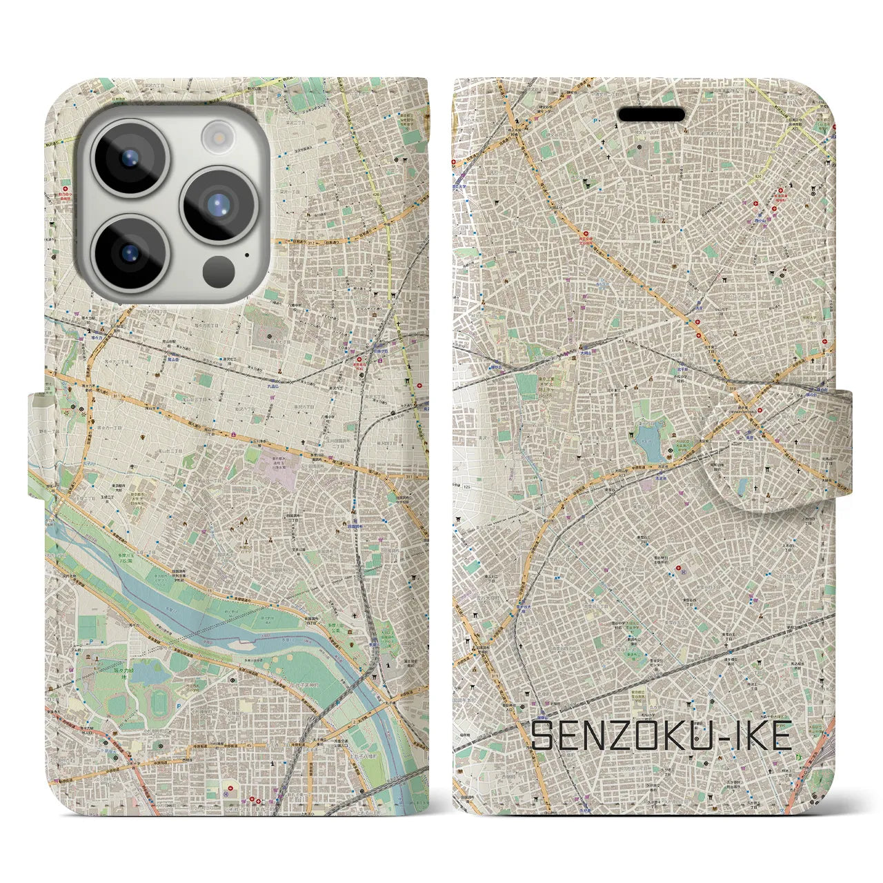 【洗足池(東京都)】地図柄iPhoneケース(手帳タイプ)ナチュラル・iPhone 15 Pro 用